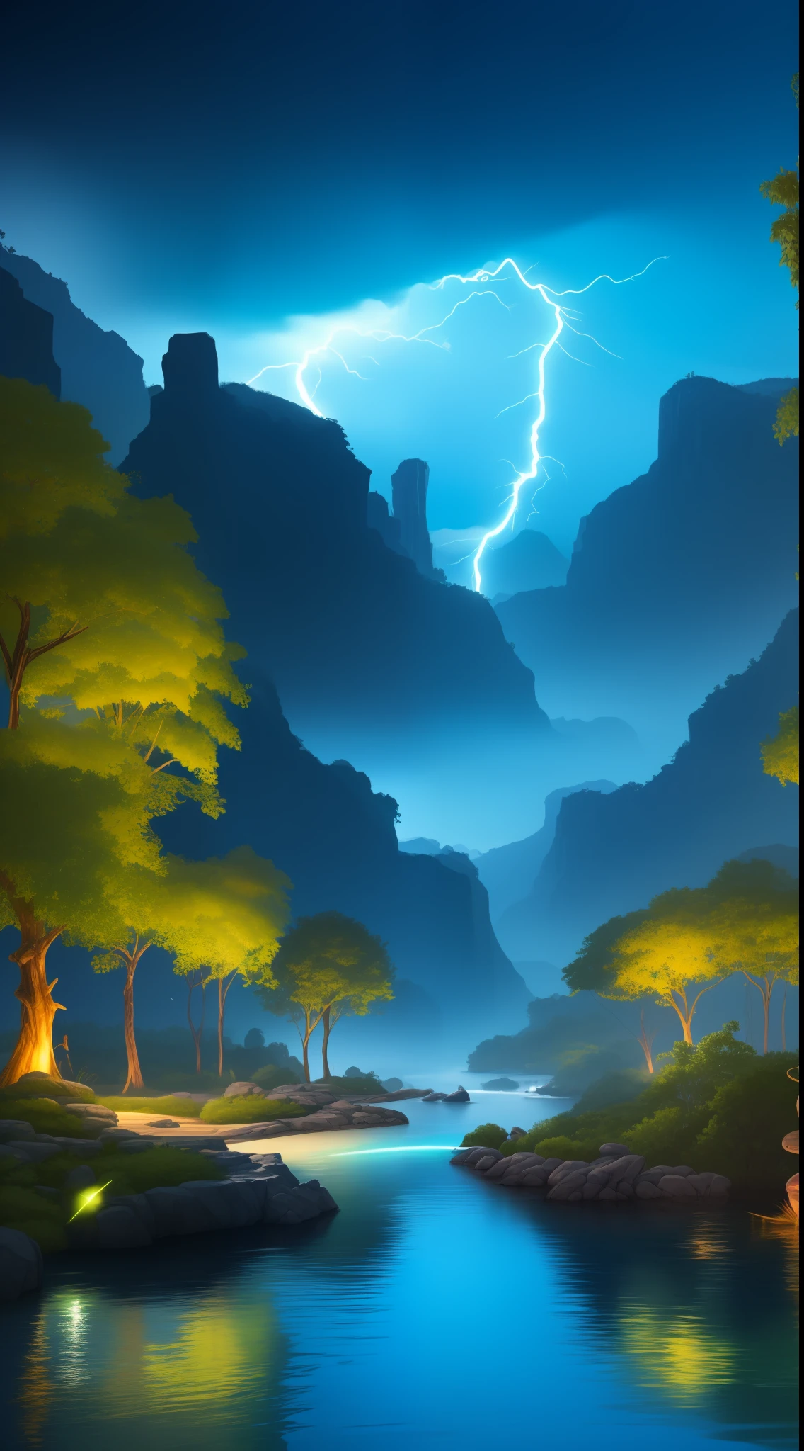 Automated cyan themed city, super vibrant, extremely detailed, photorealistic, in a jungle, 8k, raining, has super detailed cyan themed robots, has practical super detailed cybernetic power generating mountains, high res, dslr, with fountain flowing cyan tthemed radiating water, technologically advanced city, pop out of black background, cyan lightning sparking out