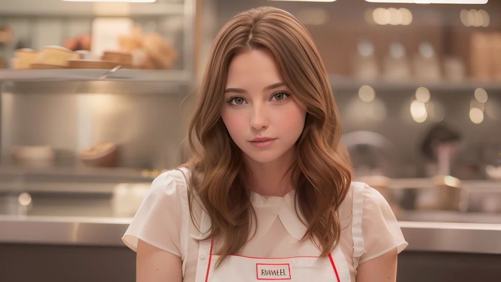 "Emma Lawrence has shoulder-length wavy brown hair and expressive hazel eyes. Her face is oval-shaped with a delicate nose and full lips. She is of average height and has a slender build. When working at the restaurant, she usually wears a simple black dress with a white apron."