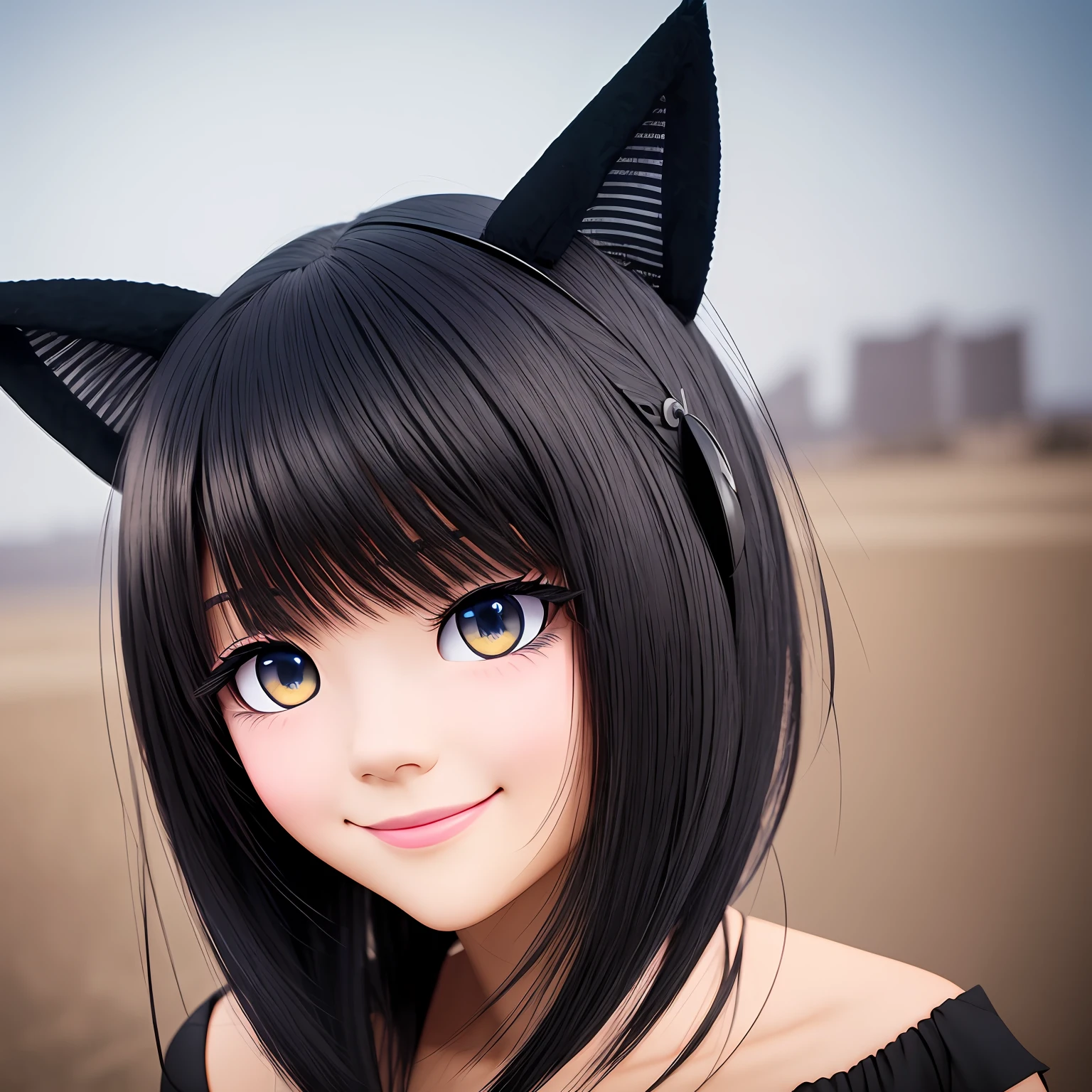 black hair, hair bobbles, wince, longeyelashes, solid circle eyes, fake animal ears, light smile, ear blush, fang, Surrealism, drop shadow, anaglyph, stereogram, tachi-e, pov, atmospheric perspective, 8k, super detail, ccurate, best quality, retina --auto