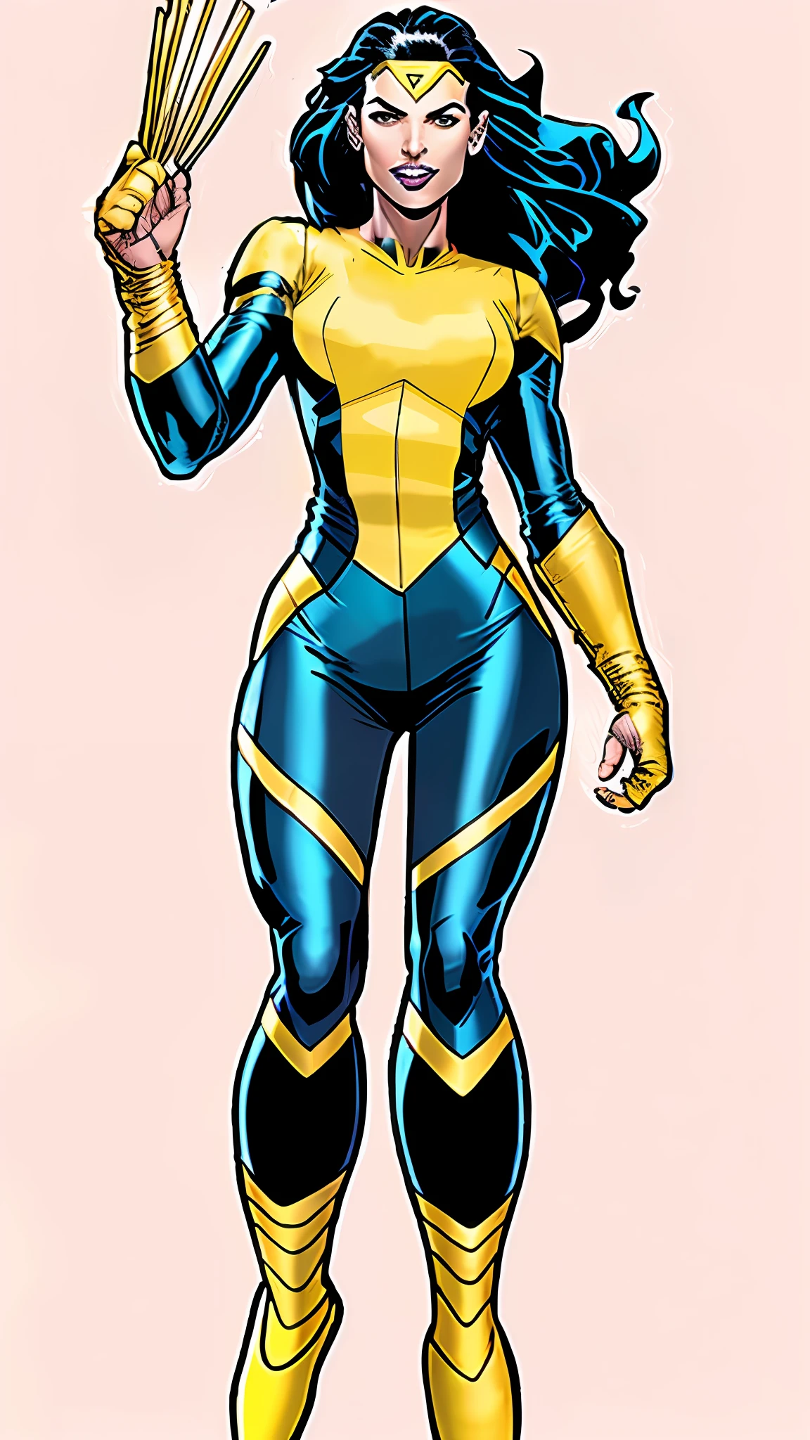 Woman in yellow costume, X-Men costume, looks like Gal Gadot, new 52 style, russell dauterman, John Romita Jr, flowing black hair, modern comic book character, 2000's comics, spiderman but yellow