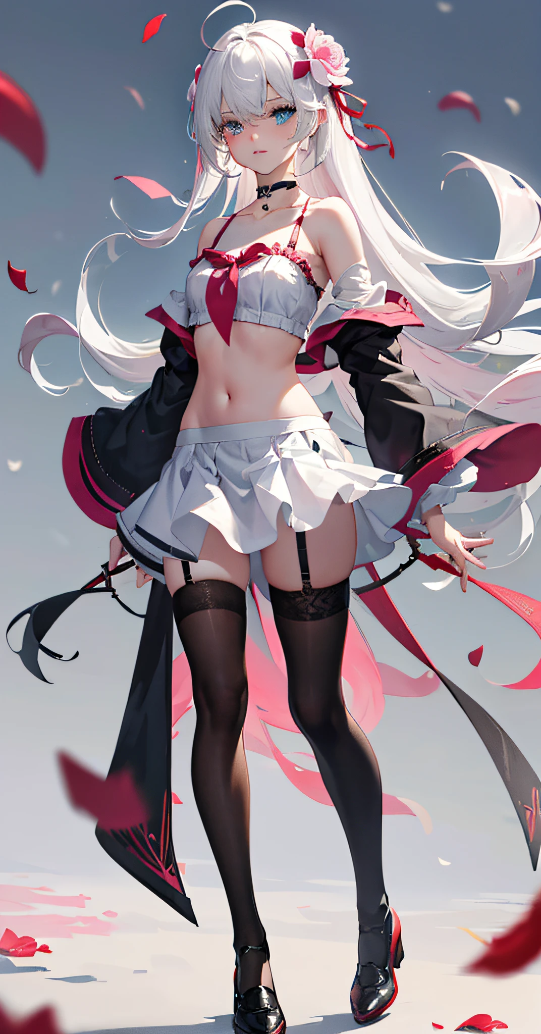 ((masterpiece)),((bestquality)),((officialart)),((extremelydetailedcgunity8kwallpaper)),(((petals))),(((heterochromia))),(((rosepetals))),(((flower))),(((fallingpetals))),(((navel))),(((thighhighs))),((rating:safe)),((hairornament)),((skirt)),((hairflower)),((redeyes)),(longhair),(cherryblossoms),(skirthold),(skirtbasket),(petalsonliquid),(thighstrap),(rose),(1girl),(solo),(pinkflower),(confetti),(shoes),verylonghair,lookingatviewer,whitelegwear,silverhair,clotheslift,ahoge,collarbone,stomach,liftedbyself,whiteskirt,gradient,choker,standing,bareshoulders,breasts,gradientbackground,skirtlift,feathers,midriff,fullbody,fallingleaves,bangs,closedmouth,greybackground,shirt,pinkrose,longsleeves,hairbetweeneyes,blackchoker,pleatedskirt,whitedress,smallbreasts,leavesinwind,greeneyes,wind,ribbon,skindentation,animal,blackfootwear,whiteflower,croptop,blueeyes,thighs,whiteshirt,offshoulder,detailed,{masterpiece},extremelydetailedcgunity8kwallpaper,illustration,absurdres,bestquality