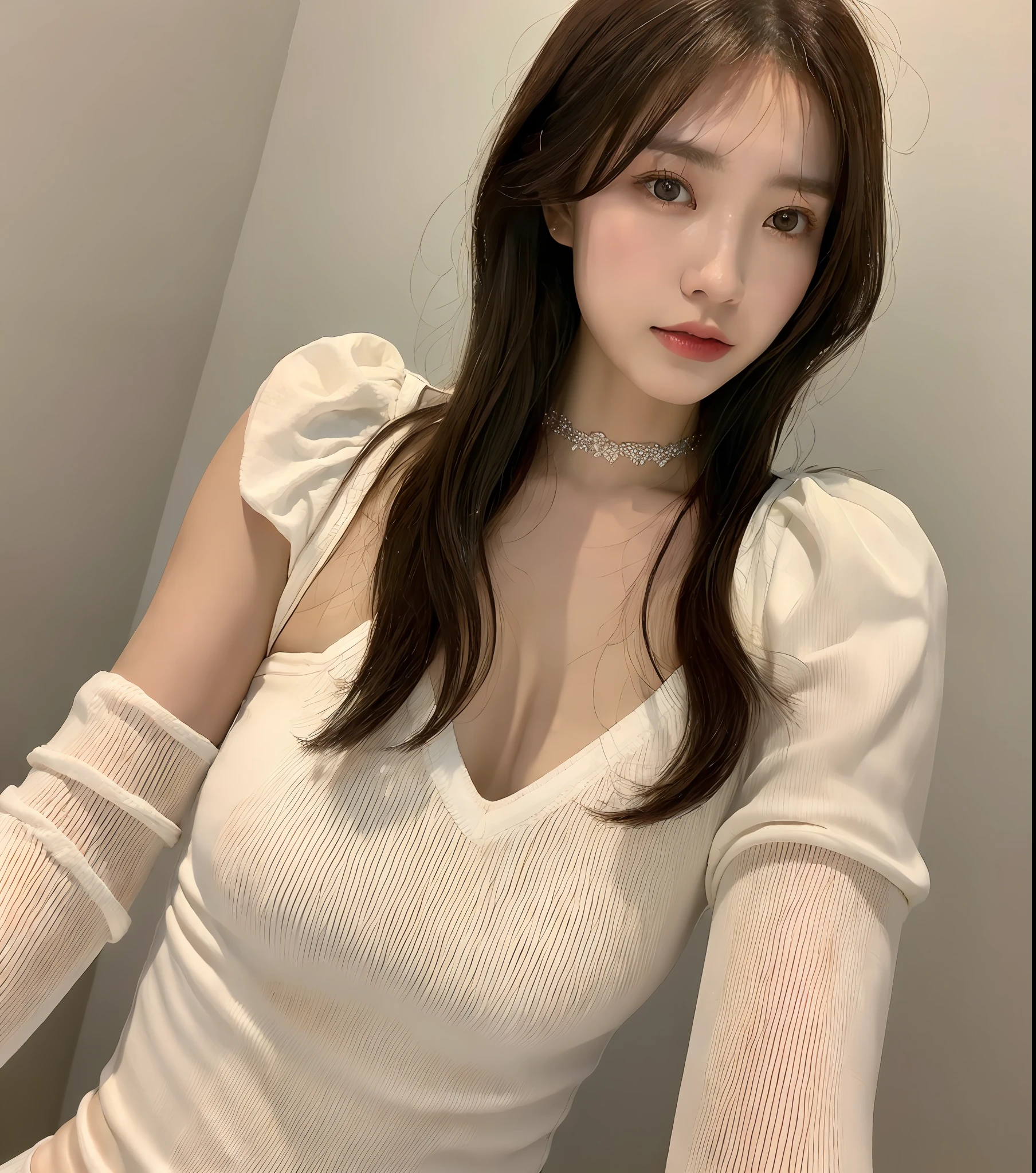 ((best qualtiy,8K,tmasterpiece:1.3)),Sharp focus:1.2,one pretty woman,perfect body figure:1.4,Slender abs:1.2,((dark brown hair,:1.2)),(((Realistic lighting,the night,inside in room)))(((Super beautiful face))))medium boob,Ultra-thin waist,cabelos preto e longos,ssmile,Clear collarbone,Extra-long, thin legs,Delicate double eyelids,dimple,White-colored skin,Pink clothes,narrow white choker