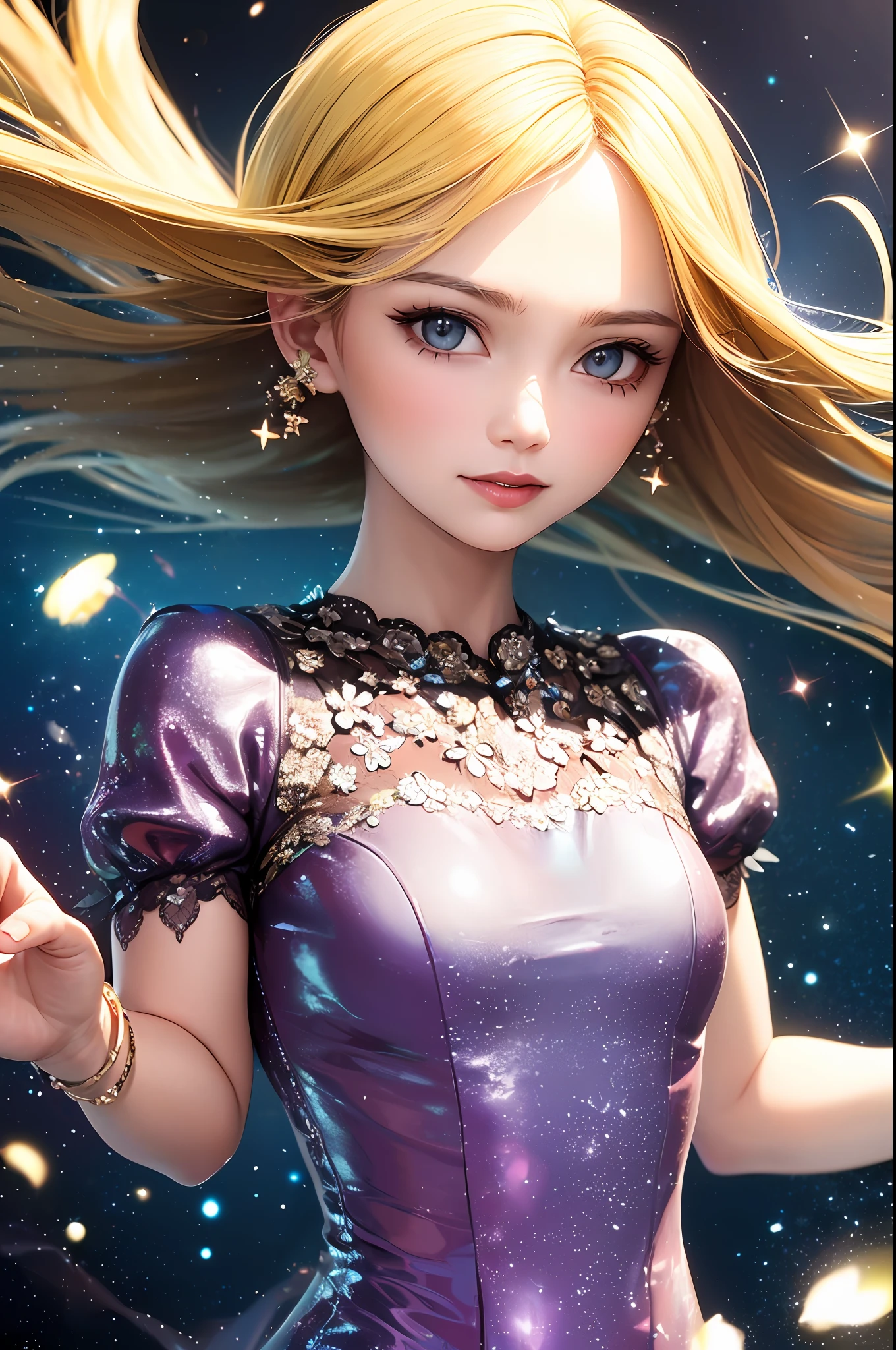 (best quality, masterpiece), 1girl, galaxy, glitter, dress, particle, wind, flower, upper body, dark simple background, looking at viewer, blonde,