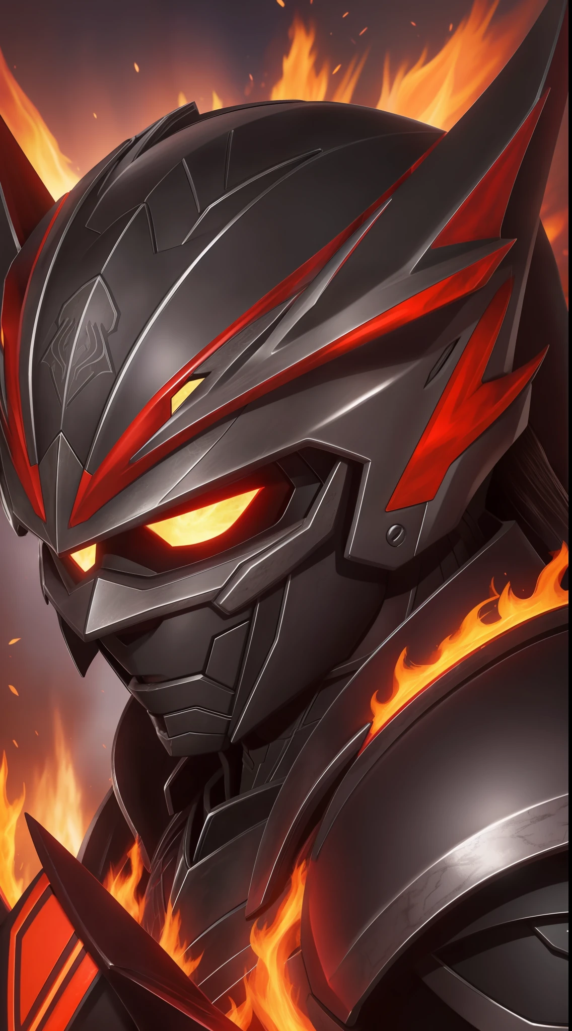 ember, in iron black armor with fiery patterns, Helmet in the form of a dragon, red-eyes, Large black wings glow with fiery light, Полнометражный 4K, higly detailed, Anime style.