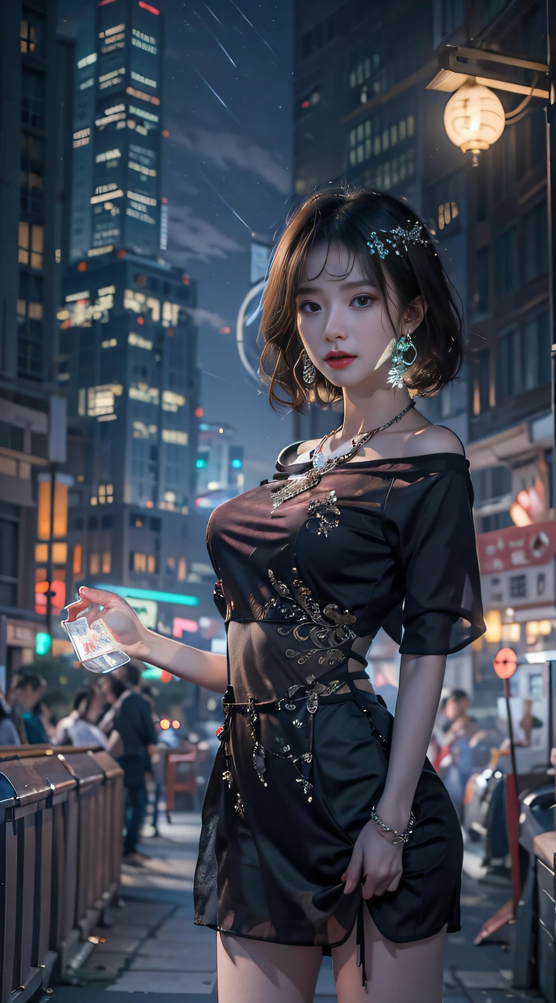 masterpiece,best quality,(Night:1.7),CityView,(outdoors:1.3),city lights,skyscraper,street,close up,
1girl,jewelry,earrings,necklace,standing,pose,beautiful face,full body,(short hair:1.5),
dress,underwear,see-through,chinese clothes,panties,