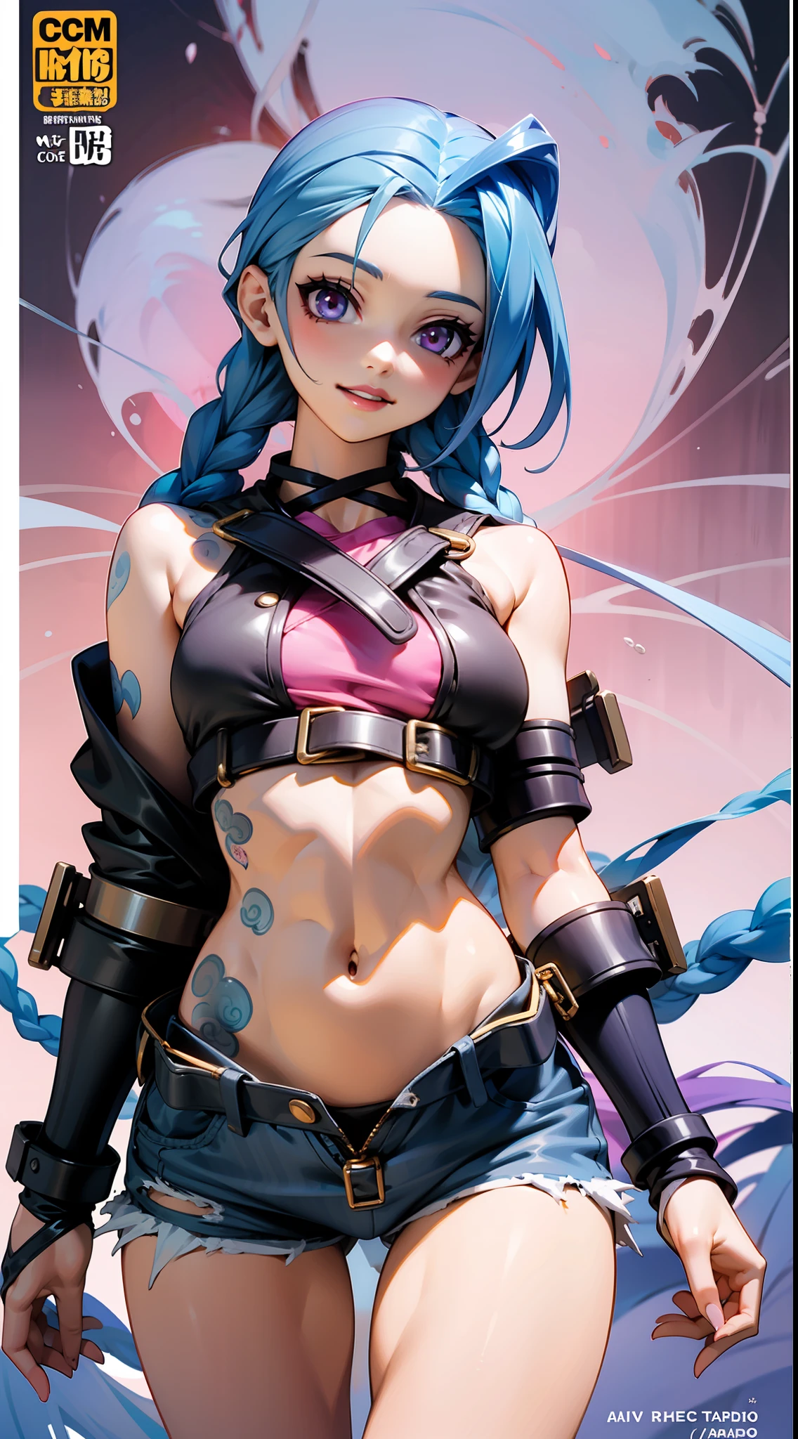 Jinx,Slim figure，Black silk material，ripped jeans，full armour，having fun，Exposing the abdomen，Cocked buttocks，Fleshy thighs，Purple shawl，Masterpiece，Comic cover style，Comic title,tmasterpiece， High- sharpness， high high quality， 详细的脸， detailed body render， 1girll， 独奏， Hinata sleeveless clothing， sleeveless shirts， Fishing net clothing， Dark lips， Unzipped jacket，