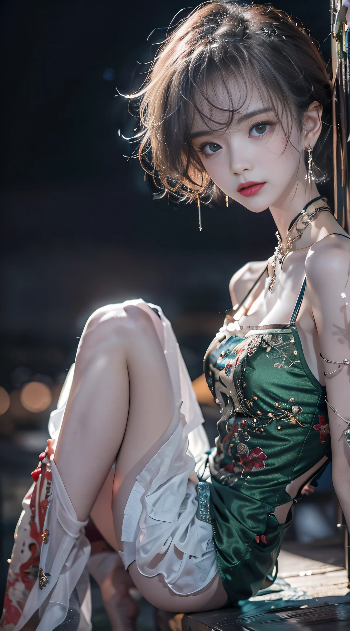 masterpiece,best quality,(Night:1.7),CityView,(outdoors:1.3),city lights,skyscraper,street,close up,
1girl,jewelry,earrings,necklace,standing,pose,beautiful face,full body,(short hair:1.5),
dress,underwear,see-through,chinese clothes,panties,