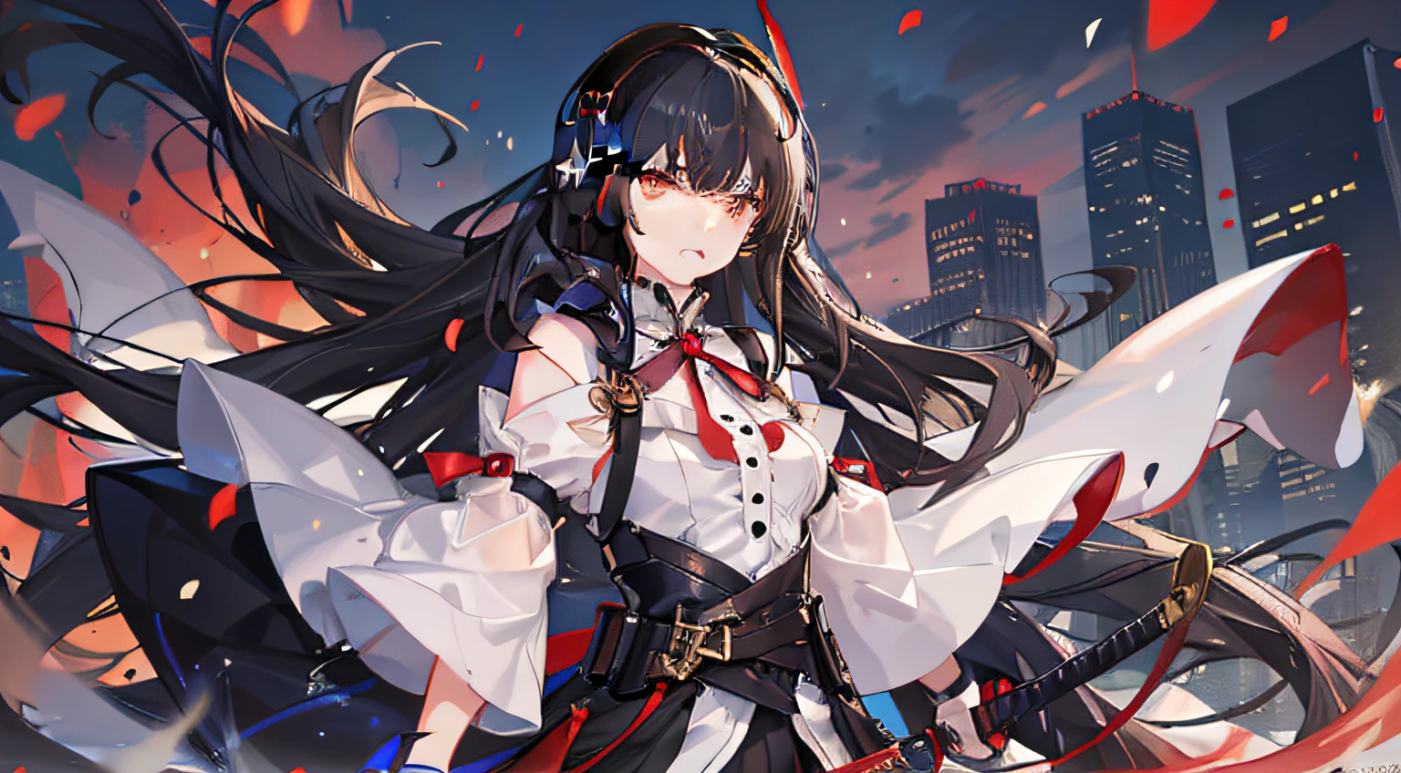 1girl in, 独奏, length hair, Black hair, A dark-haired, arma, long  skirt, White blouses, Red ribbon at chest, arma, The sword, rcasual, headphones, holds a sword, headset on head, Futuristic city, Clothes fluttering in the wind, serious facial expression