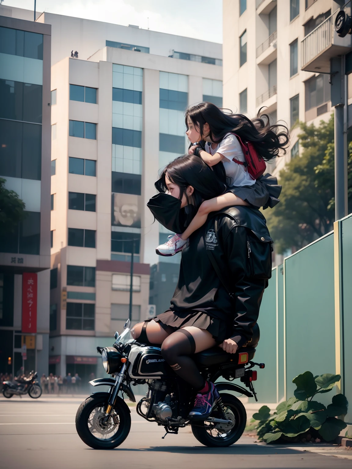 Girl being shouldered by a gorilla、Gorilla driving a motorcycle、GirlsＴWearing sneakers with a skirt on a shirt、Longhair girl、bags、Girl wearing headphones、 --auto