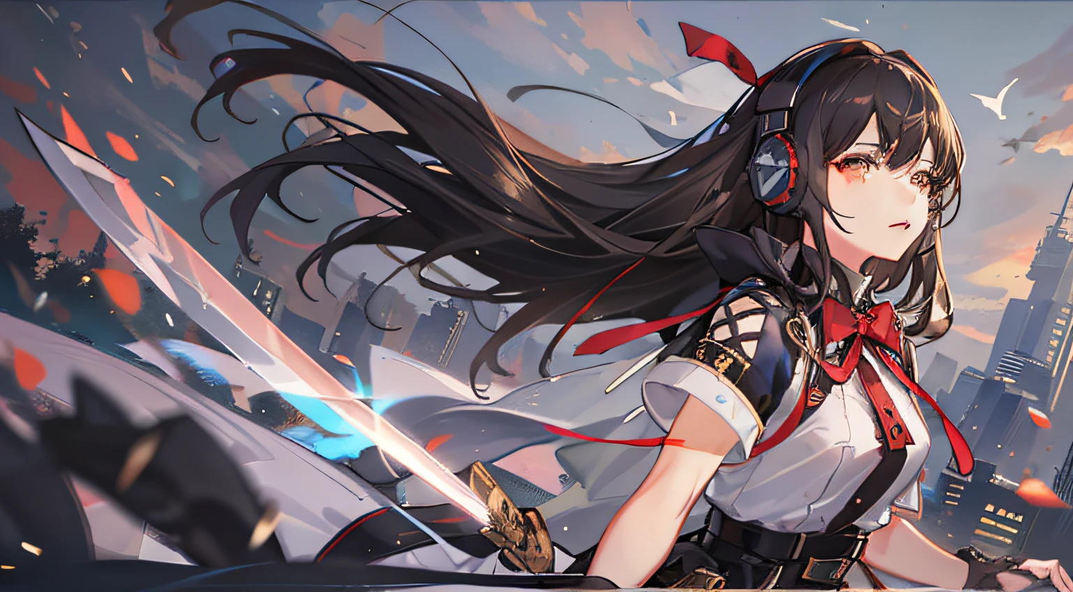 1girl in, 独奏, length hair, Black hair, A dark-haired, arma, long  skirt, White blouses, Red ribbon at chest, arma, The sword, rcasual, headphones, holds a sword, headset on head, Futuristic city, Clothes fluttering in the wind, serious facial expression