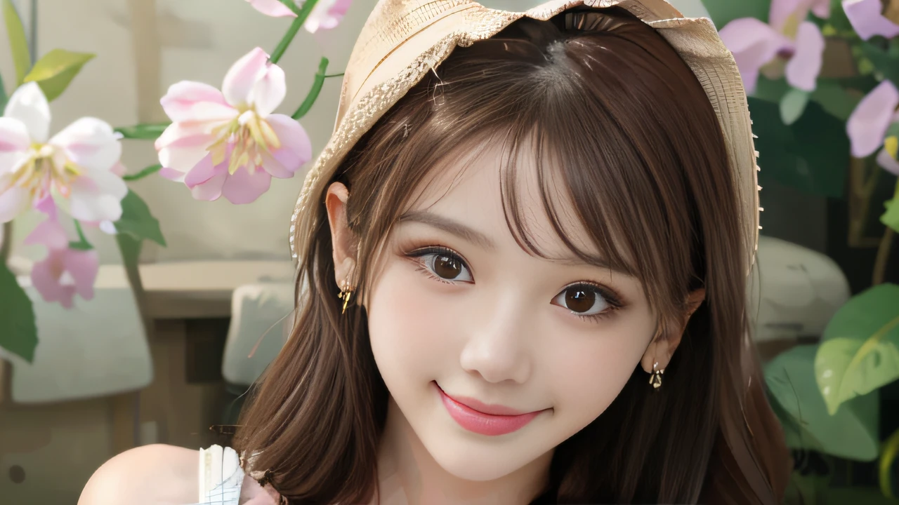 Best quality, masterpiece, super high resolution, (realistic: 1.4), original photo, 1 girl, hairpins, earrings, jewelry, brown hair, looking at the viewer, lips, playful, among the flowers, happy, lively, with straw hat, flowers