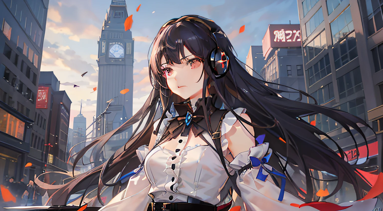 1girl in, 独奏, length hair, Black hair, A dark-haired, arma, long skirt, White blouses, Red ribbon at chest, arma, The sword, rcasual, headphones, holds a sword, headset on head, Futuristic city, Clothes fluttering in the wind, serious facial expression