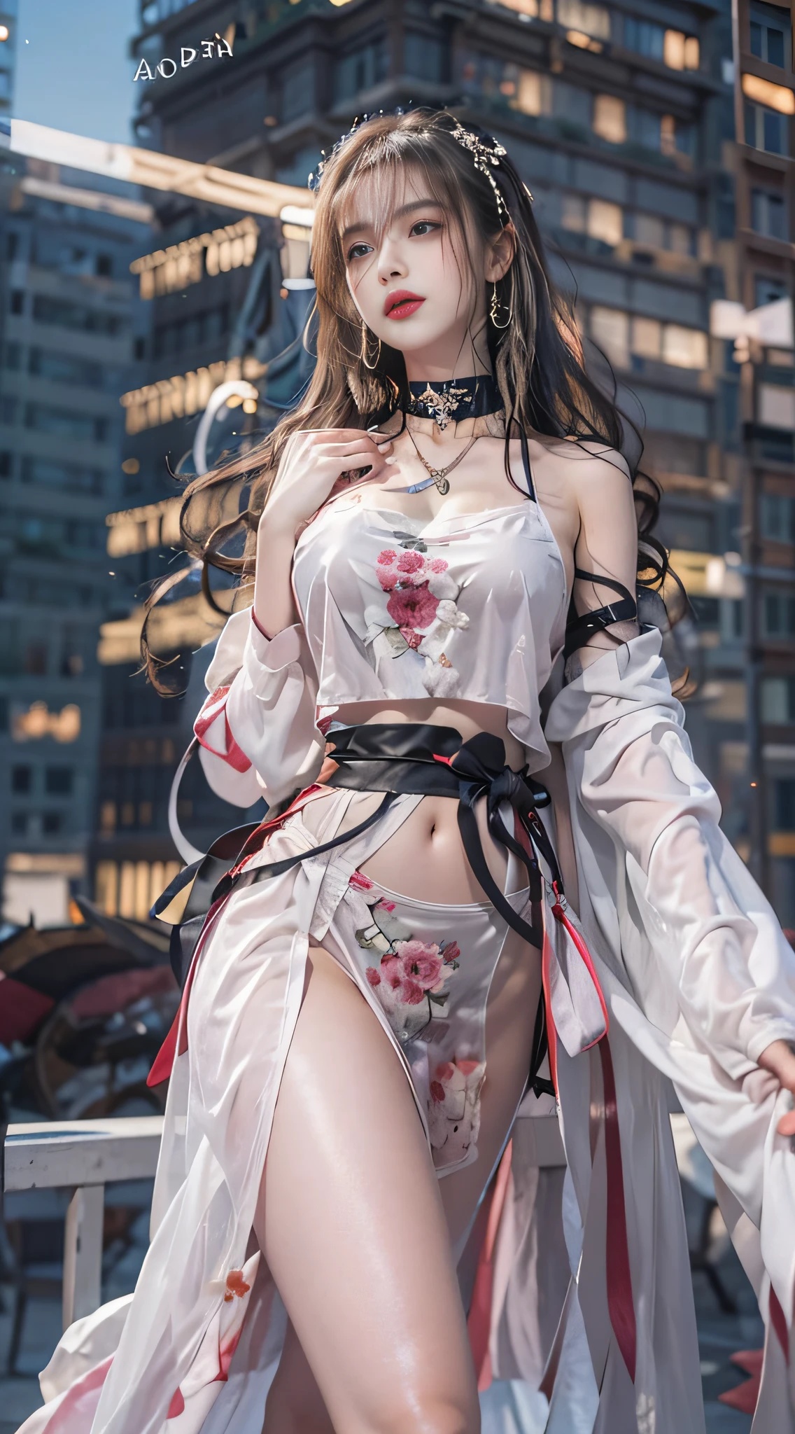 tmasterpiece，Best quality at best，（natta：1.7），view over city，（exteriors：1.3），City lights，skyscrapper，the street，closeup cleavage，
1girll，jewely，耳Nipple Ring，choker necklace，standing on your feet，lewd poses，beauitful face，full bodyesbian，（Long hair：1.5），
shift dresses，underdressing，ssee-through，Chinese clothes，pantiess，