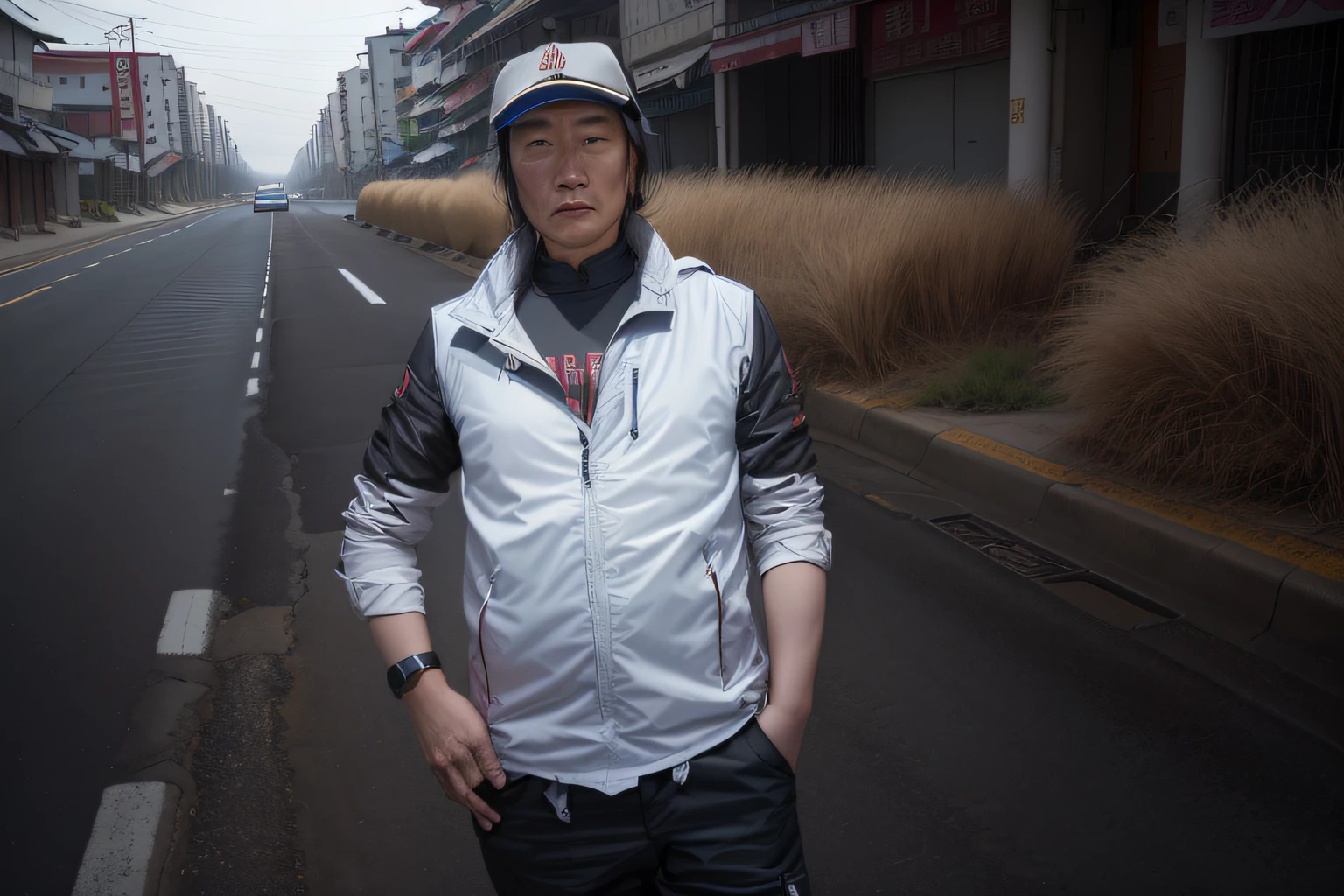 there is a man standing on the side of the road, ancient mongolian elon musk, standing in road, xintong chen, author li zhang, taken in the early 2020s, Leng Jun, xiaoguang sun, photo of a man, zeng fanzh, huifeng huang, jia zhangke, hiroaki tsutsumi style
