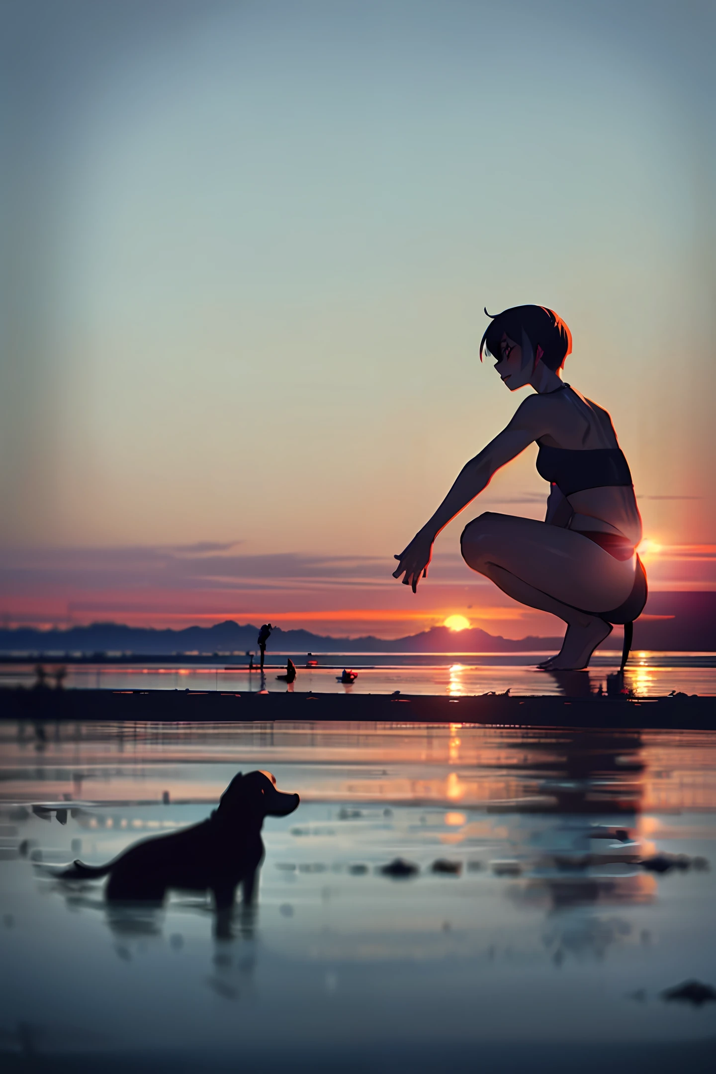 1 boy,Camera,Stance,profile,Blurry_Background, Squatting, Water, Bare_tree, Dog, motion_blur, Outdoors, Beach, lake, ocean, Into the cloud, River,夏天, Sunset, Short_hair,