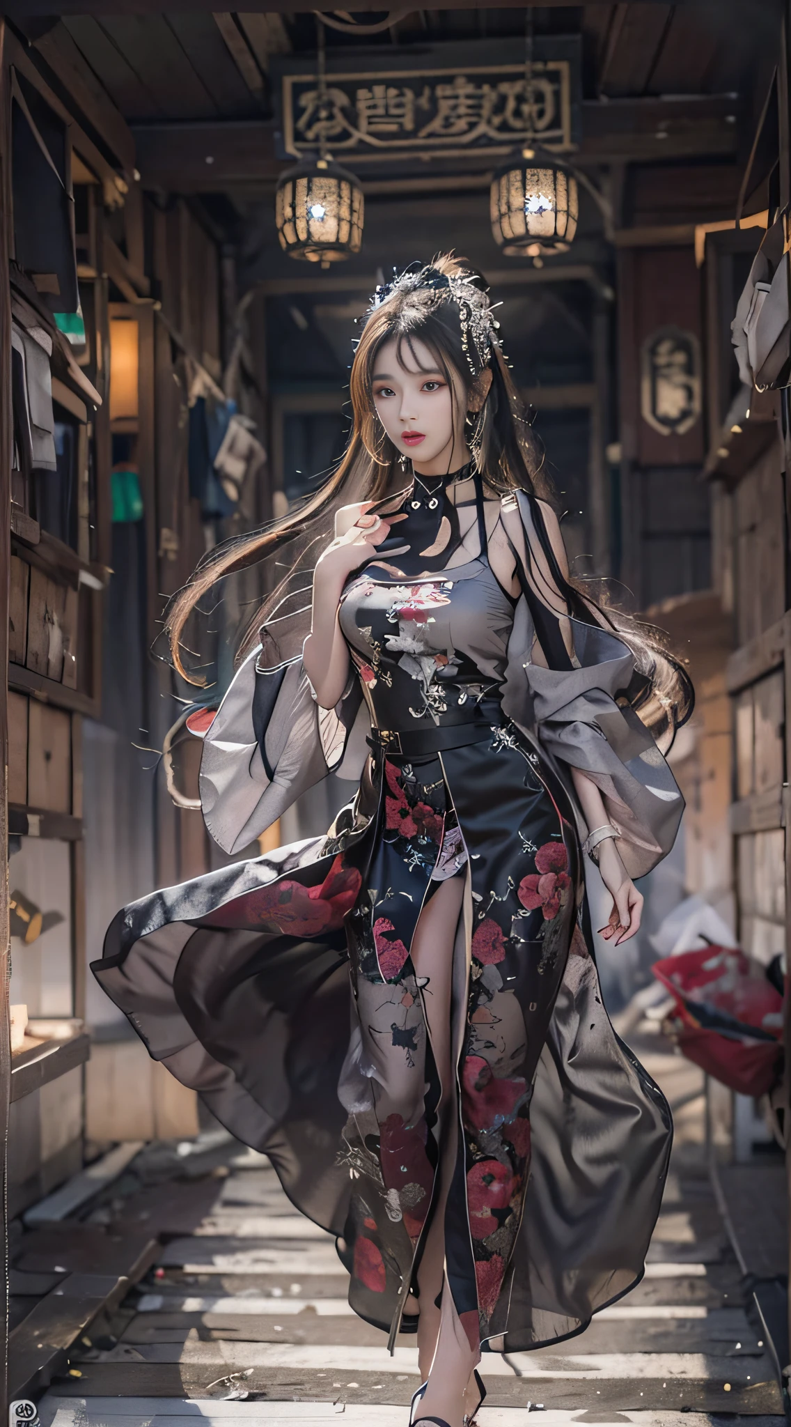 tmasterpiece,Best quality at best,(natta:1.7),view over city,(exteriors:1.3),City lights,skyscrapper,the street,closeup cleavage,
1girll,jewely,耳Nipple Ring,choker necklace,standing on your feet,lewd poses,beauitful face,full bodyesbian,(Long hair:1.5),
shift dresses,underdressing,ssee-through,Chinese clothes,pantiess,