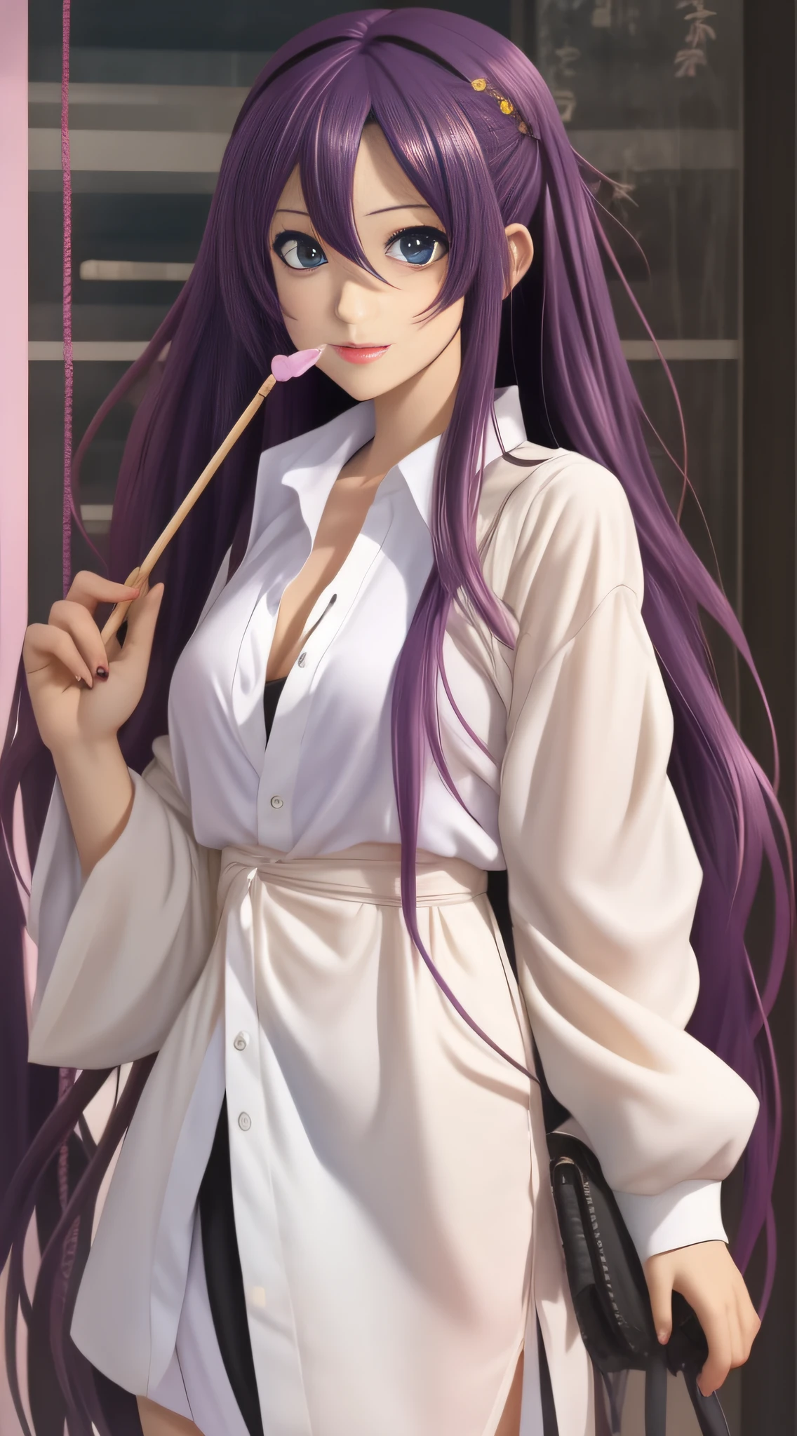 Anime girl with long purple hair and white shirt biting on a lollipop stick, seductive anime girls, anime moe art style, style of anime4 K, attractive anime girls, Anime style. 8K, Smooth anime CG art, ecchi anime style, nightcore, Anime wallpaper 4 k, Anime wallpaper 4K, Beautiful anime girl, anime best girl, Anime waifu, visual novels CG