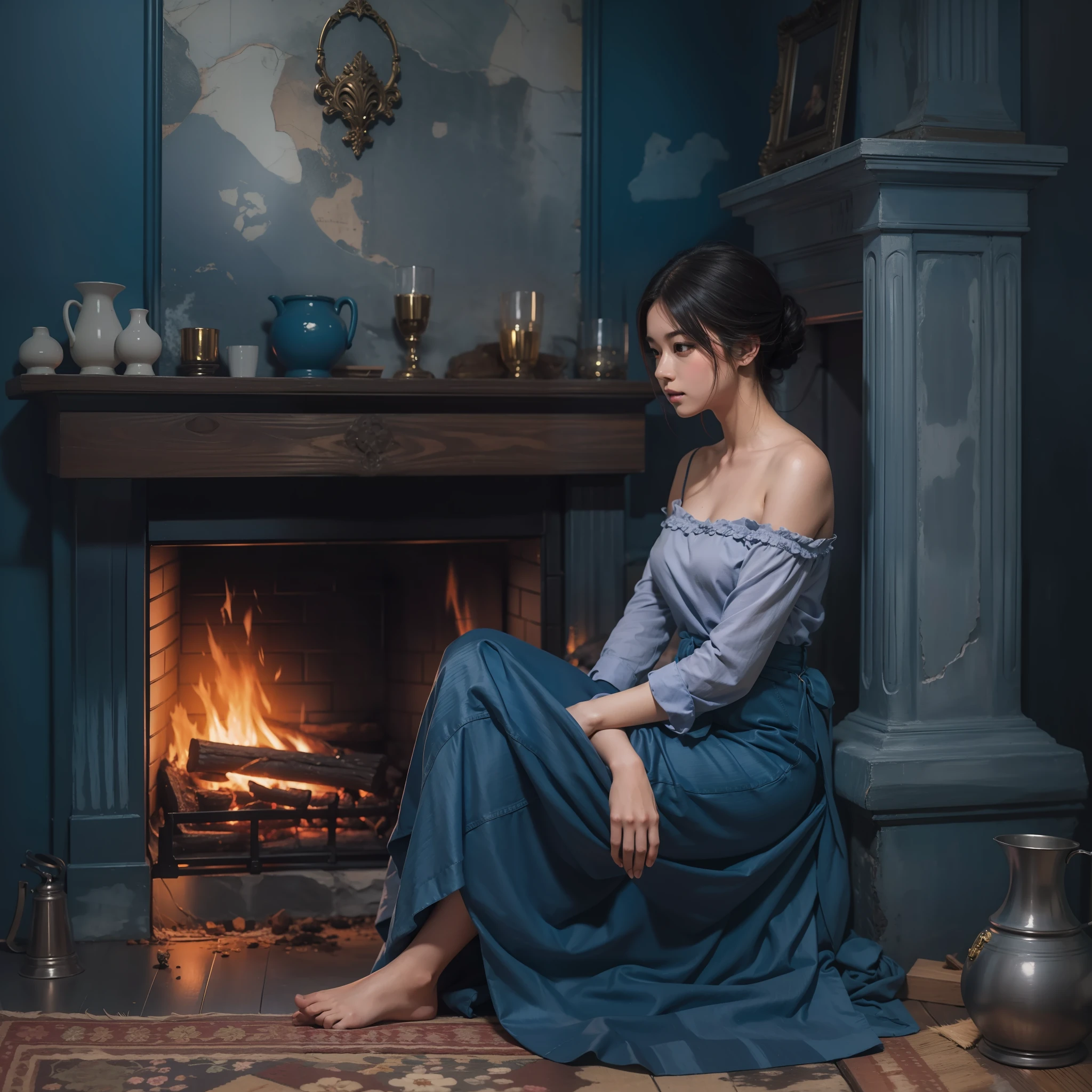 a beautiful and realistic portrayal of a woman beside a fireplace, with the theme of indigo color.