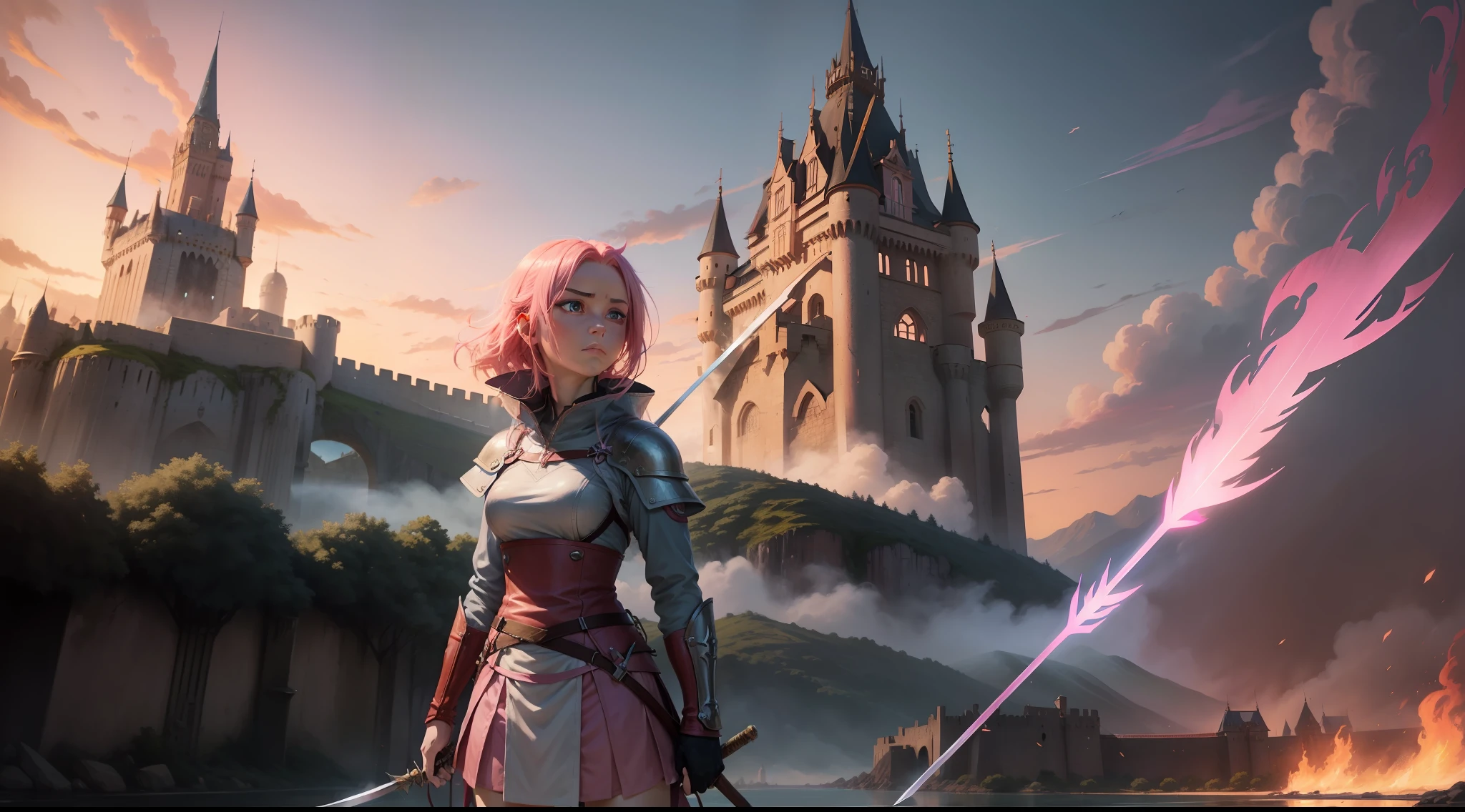 anime girl with pink hair, with blue eyes, with a sword in her hand, with a sad face, full of fire arrows in the sky, and the castle in the background is on fire