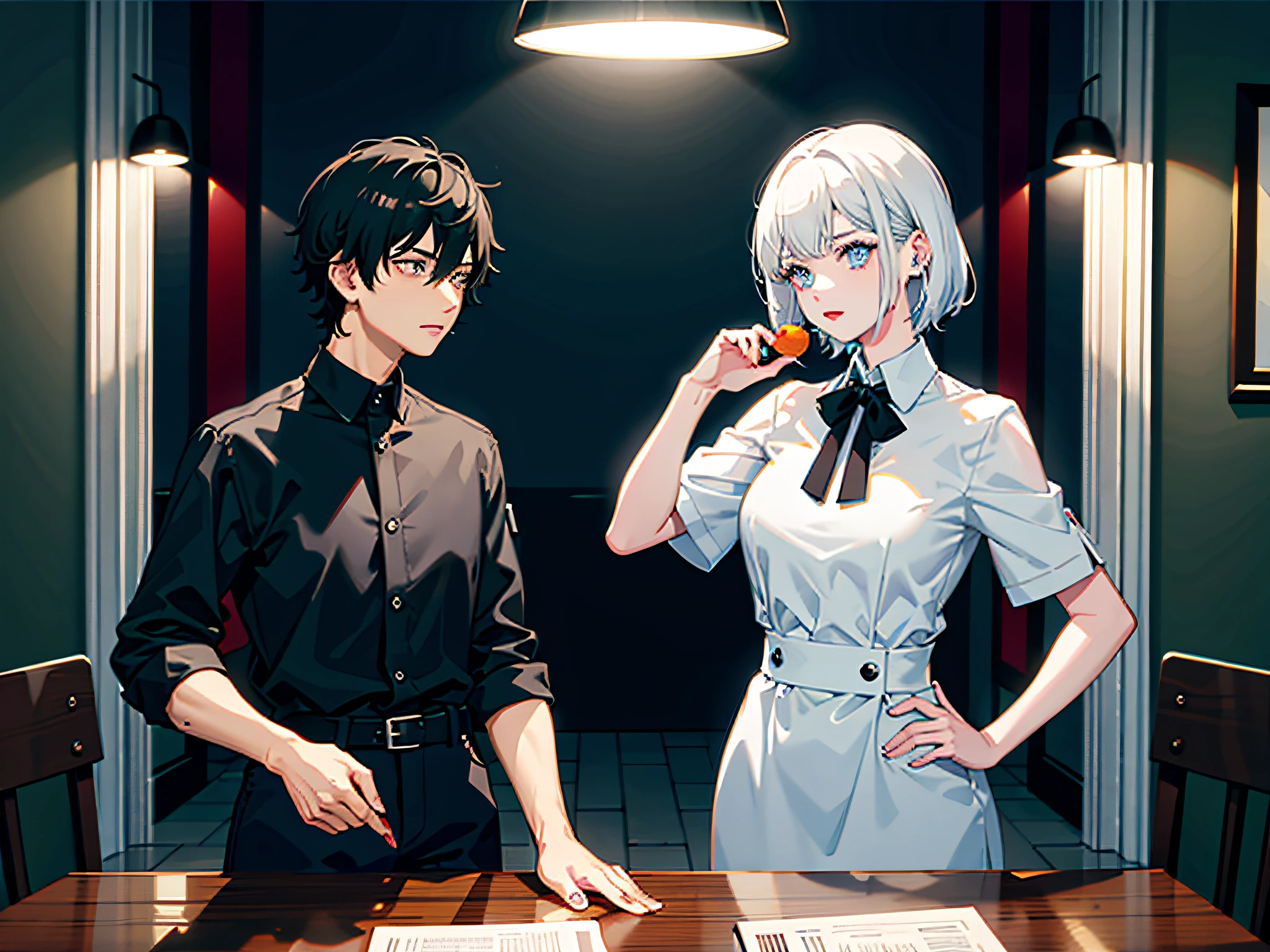 Two people dating, A boy with, with short white hair, black shirt, grey shorts, Blue eyeballs, rimless eyewears, one-girl, Red long-haired, Light blue long dress, Black eyeballs, in the dining room, desks, There was food on the table, Fruit on the table, anime, cinematic lighting, chiaroscuro, cinematic lighting, 16k, best quality, UHD, masterpiece, highres