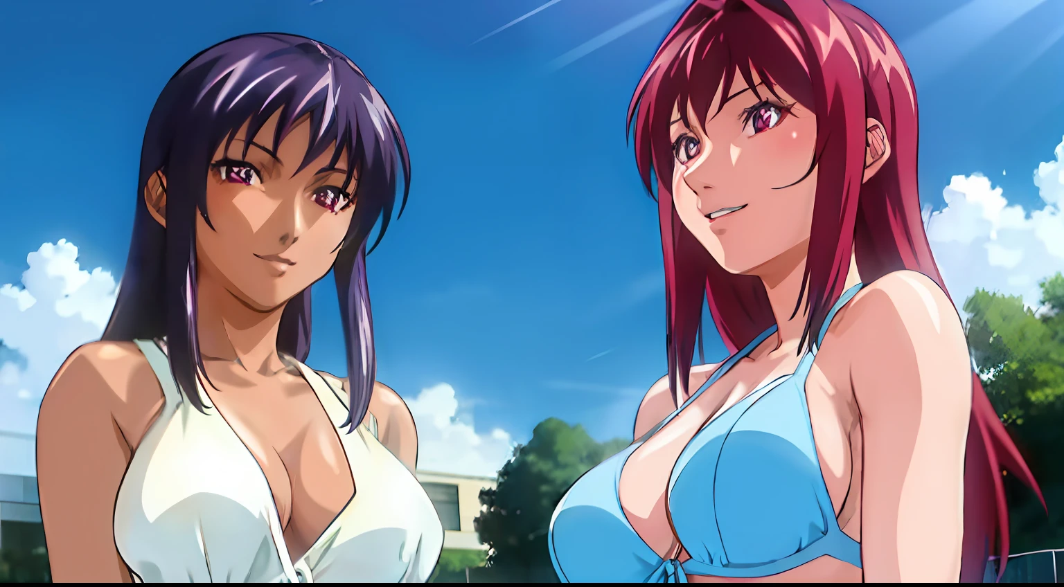 1girl in, 独奏, maikurobikini, Happy, sunlights, Sun'rays, bloom, is standing, Large_breasts, cleavage of the breast, hair pin, Purple_hair, Red_Eyes, long_hair, ​masterpiece, top-quality, illustratio, ultra-detailliert, Eyes and faces with detailed,school swimming pool、