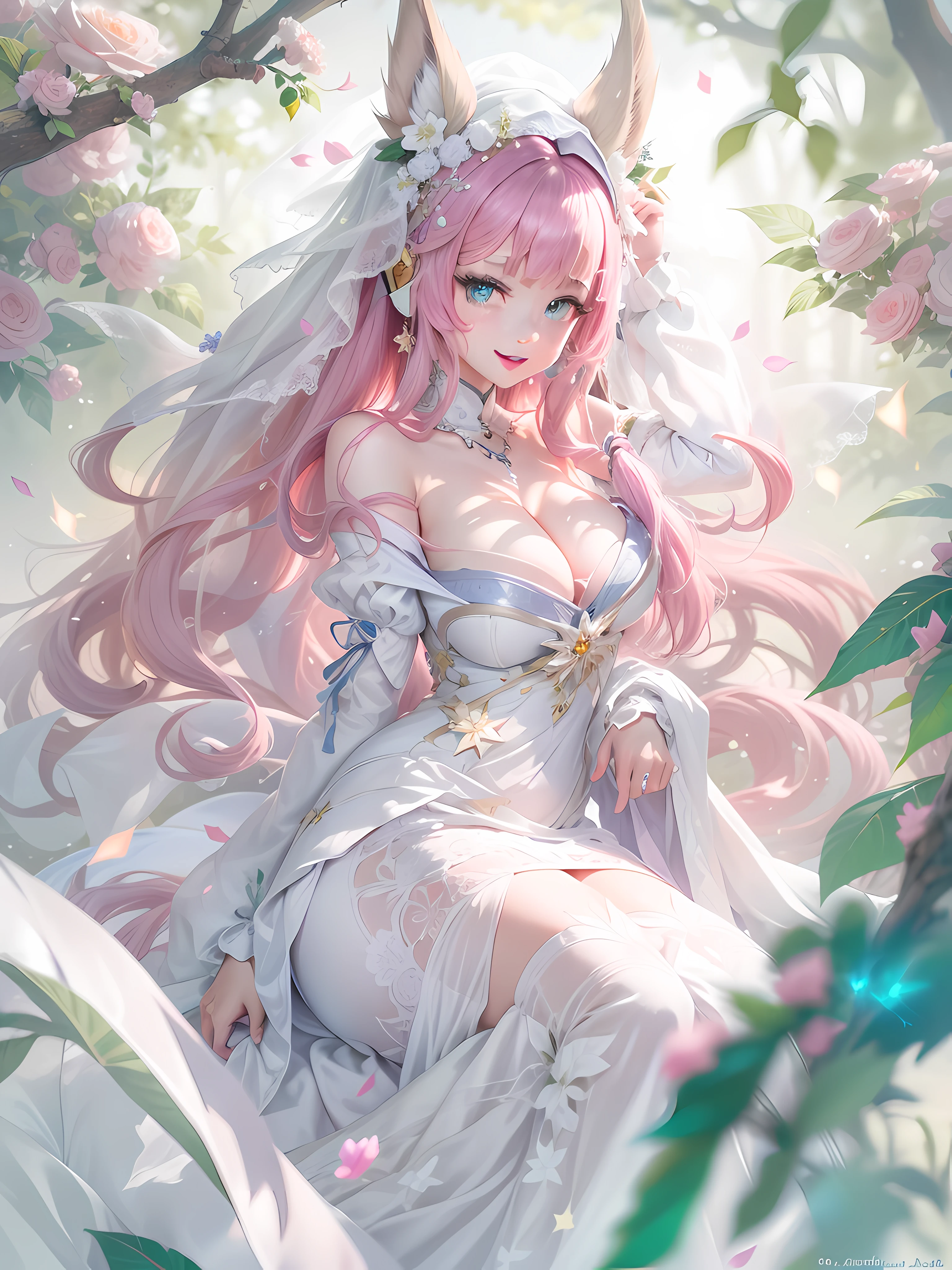Masterpiece, Best quality, 1girll, Solo, Upper body, Genshin Impact, 1girll, ears of elf, branch, Large breasts, Half-open mouth, elysia, White hood, Long hair, Loose hair, Huge breasts, Large breasts, Massive breasts, elysia (honkai impact), jewelry, Long hair, Long skirt, Long dress, Wedding dress, Poofed dresses, frill dress, Space in the veil, Long veil, Huge dress, Floating, Flying, Angelic, light yarn, White veil, Long veil, Blunt bangs, view the viewer, Earmuffs, Breasts, Wide sleeves, Loose sleeves, Big sleeves, elegant white dress, Elegant dress, White dress, floating long dress, Long dress, floating dress, Wedding dress, UHR, Night, stars, Goddess, Floating, Flying, Goddess, spark of light, stars, serene, elegant, Beautiful, Big smile, Pink hair, Blue eyes, Pink pupils, Pink pupils, Blue eyes, Pink pupils, side locks, Smile, Solo, Dynamic pose, Genshin,The awl penetrates the breast,The awl penetrates the private parts