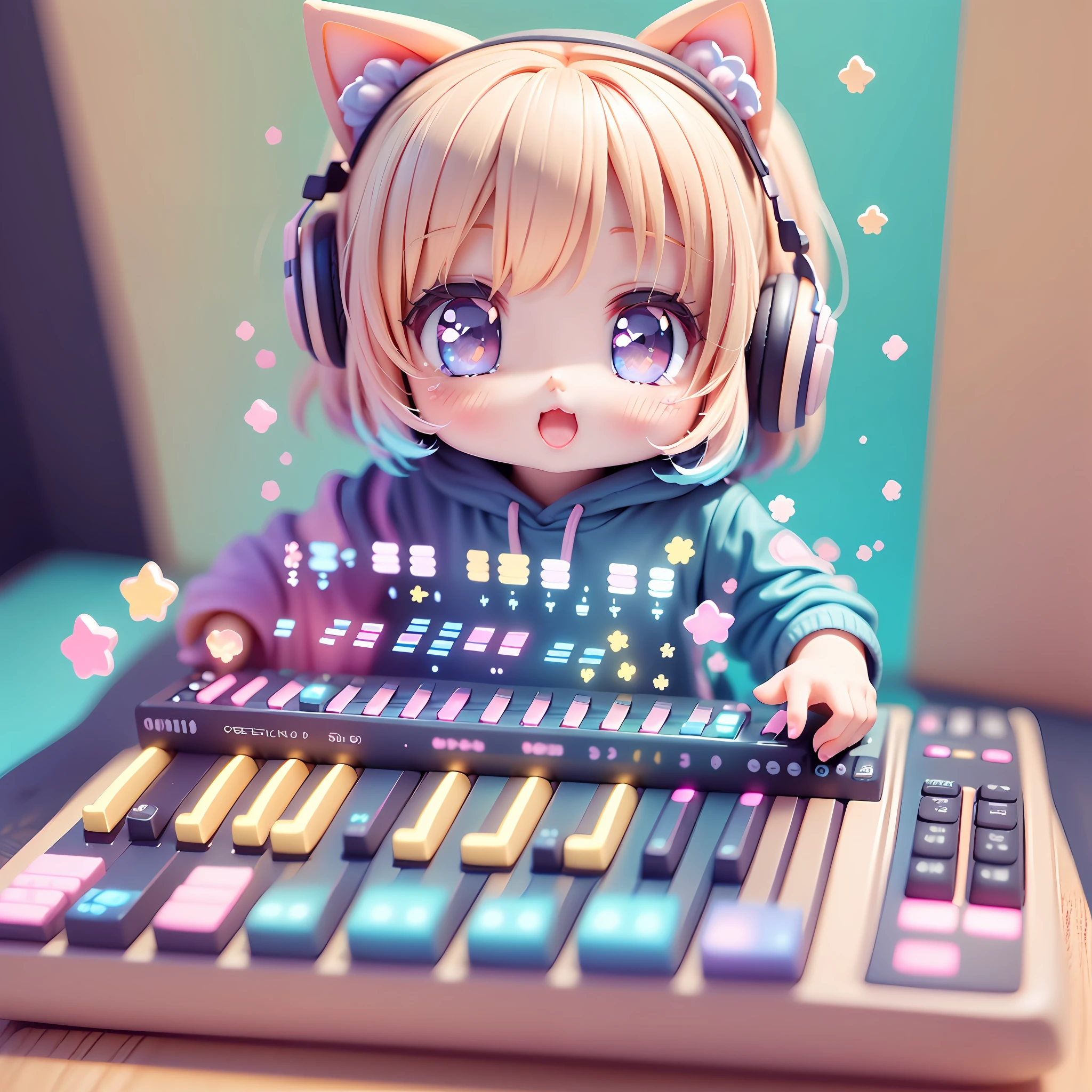 chibi playing electronic keyboard, kawaiitech, kawaii, cute, pastel colors, best quality, happy