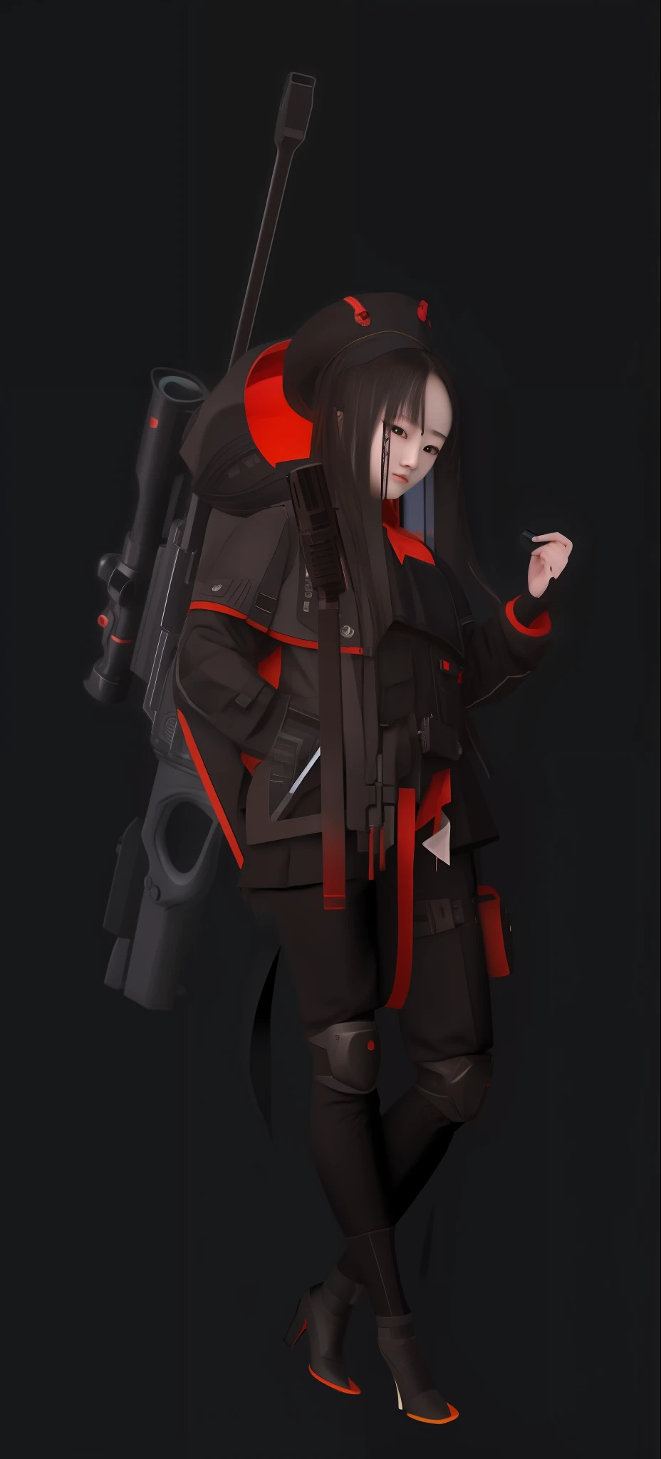 A hyper-realistic、ultra-detailliert、top-quality、hight resolution、18-year-old Chinese narrow-eyed goddess with a gun pointing diagonally to the side
