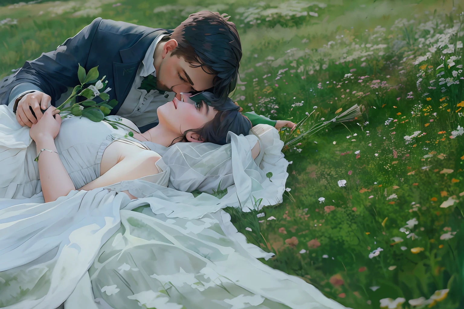 Romanticism Painting, wildflower field, green and white, muted colors, watercolor, Photo realistic, in the theme of John William Waterhouse HD, highly detailed, 8k --ar 2:3 -