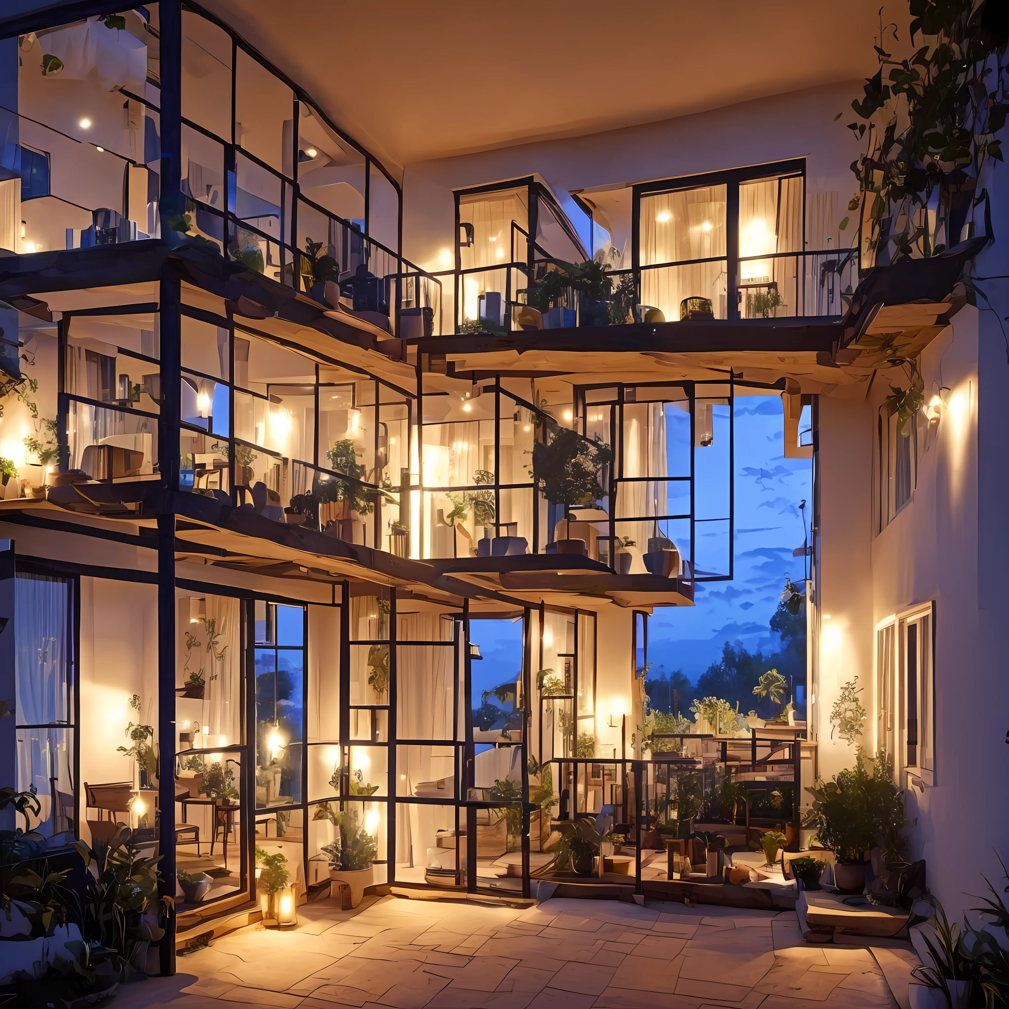 Front view of the windows of the room at night,Simple decoration style,Cosy and quiet --auto