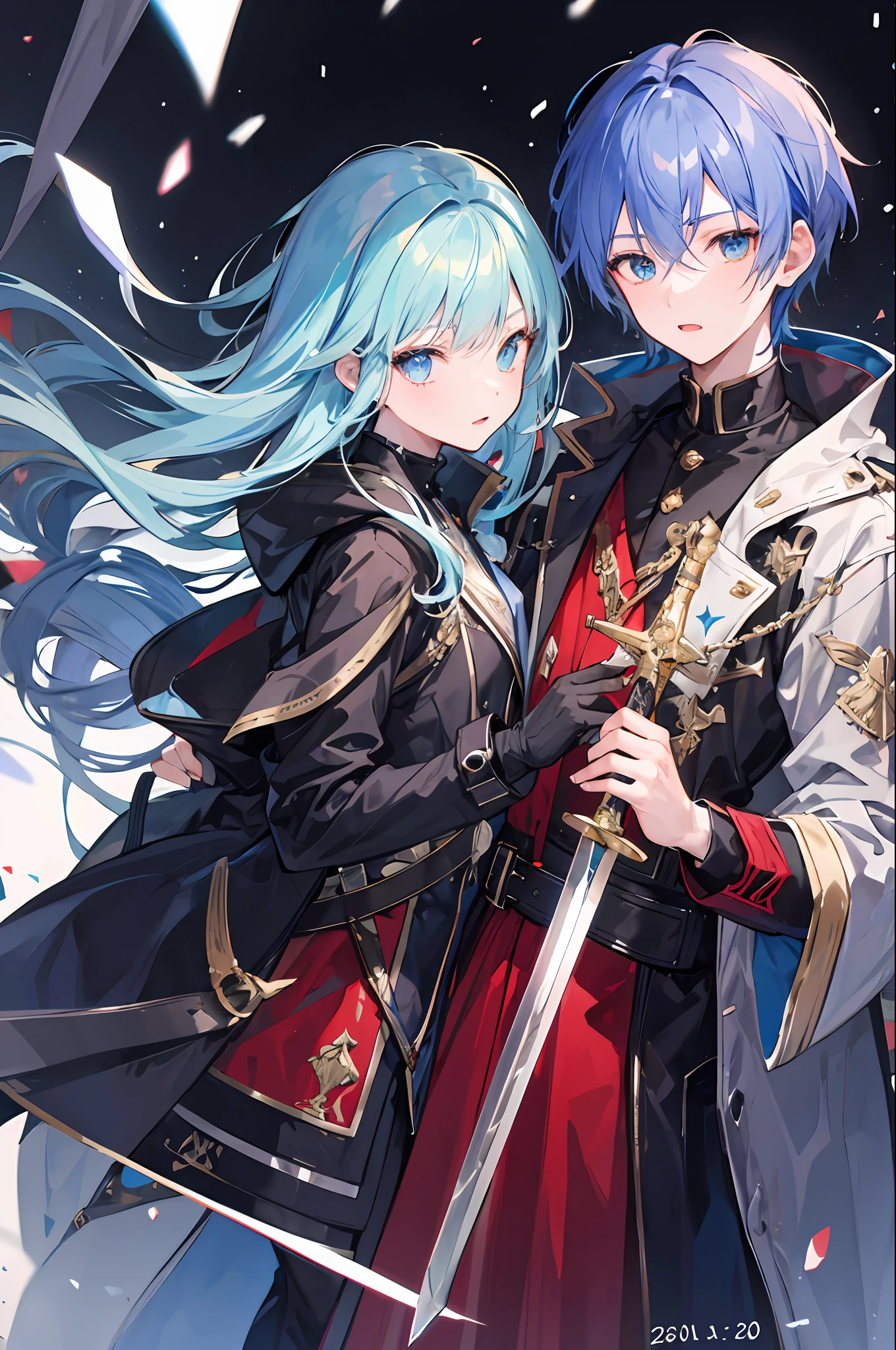 1boys,blue hairs,Sateen,coat large,Hold a double-edged sword