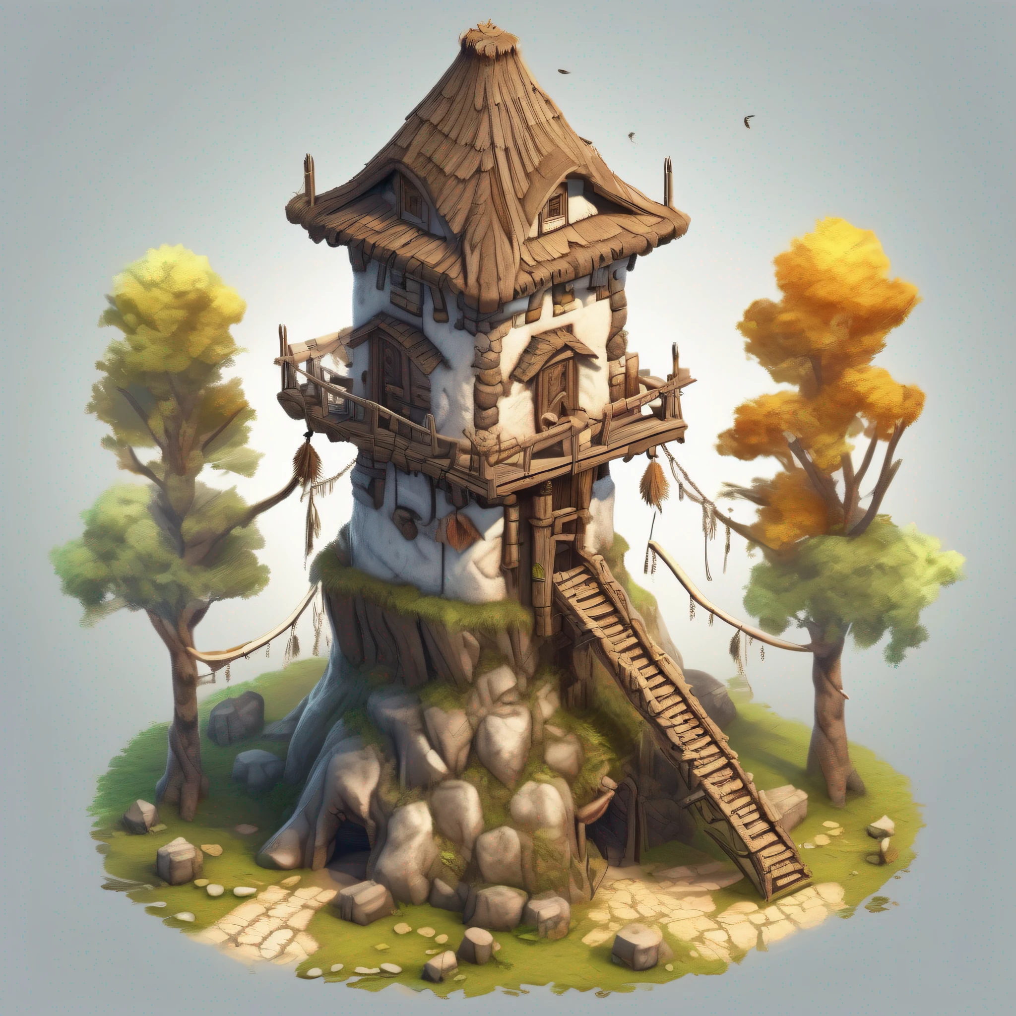 （Isometric house，Primitive tribal architectural design，Sentry Tower），Realisticstyle， Game architectural design，（A watchtower built in a tree，the tower），（Primitive barbarian style），Stone Age，Primordial period，（white backgrounid），Realistic photos， best detail， tmasterpiece， best qualtiy， 8K