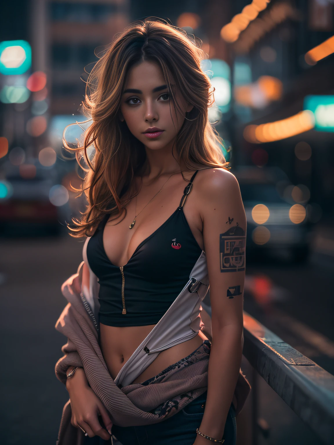 ((masterpiece))Urban Tumblr-style photo shoot with a Canon EOS Mark V camera, - 80 mm anamorphic lens, ISO 100, shutter speed 1/1450s, Autofocus perfectly captures depth between shots, ultra sharp image, Contraste y color perfectos, Hora del atardecer, City with cyberpunk style and futuristic atmosphere with neon lights as a background, The model is the amazing actress Riley Reid, amazing body, ropa casual, dresser, posando audazmente, Cara bien definida, ojos color miel bien detallados, varios tatuajes en el cuello, Cara y brazos, Ultra-defined hair line by line, Piel bronceada perfecta que refleja la tenue luz de la puesta de sol, Super sexy photography, Consigue que la imagen luzca natural y casual