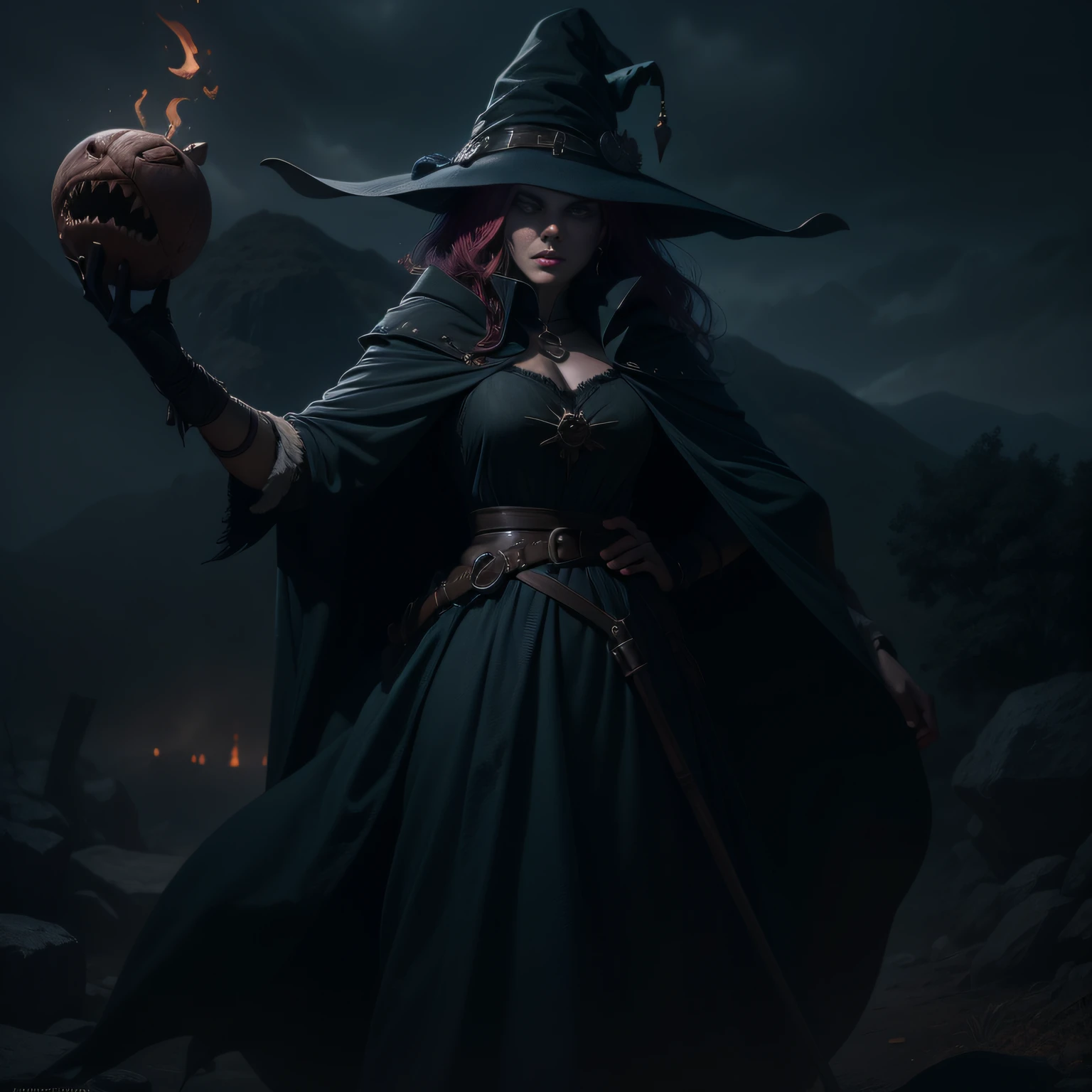 Ferocious witch, poison, one-eyed, medieval, denoised, matte painting, high detail, dynamic lighting, cinematic, high contrast