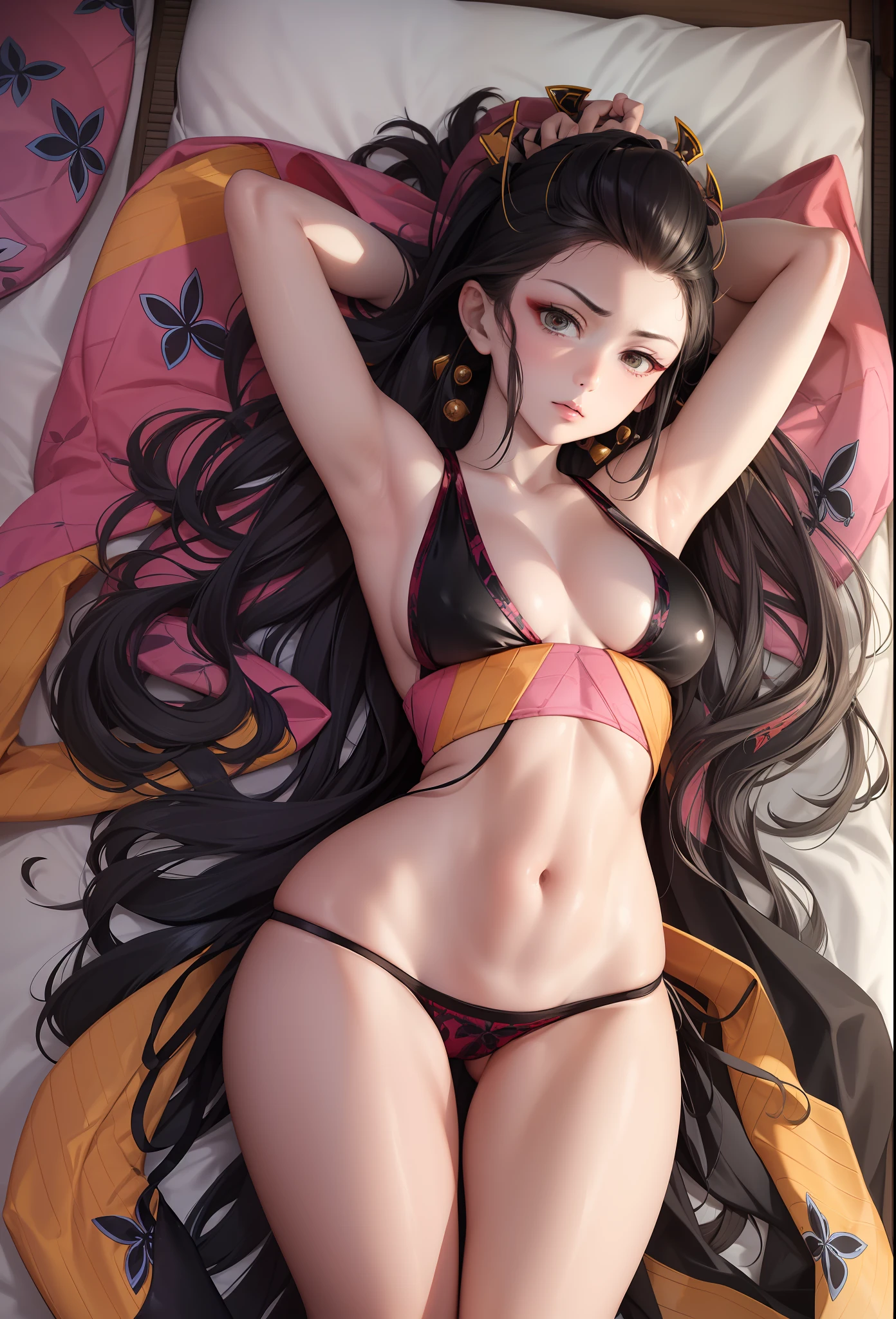 Huge breasts,on back,(Open legs wide:1.8),Beautifully shaped breasts,cleavage,(Kimono),(Black panty),Daki hairstyle,(Nipple:1.1),(Showing panties),(slender:1.2),skinny,(Skinny Legs),1boy,POV,breasts focus,girlfriend,Ruins,Tatami mats,Indoor,(Shoulders out),Disheveled clothes,feeling of disgust,despise,Northern Hemisphere,(slim hip:1.2),on the bed,(from above:1.2),small ass,arms up,majora