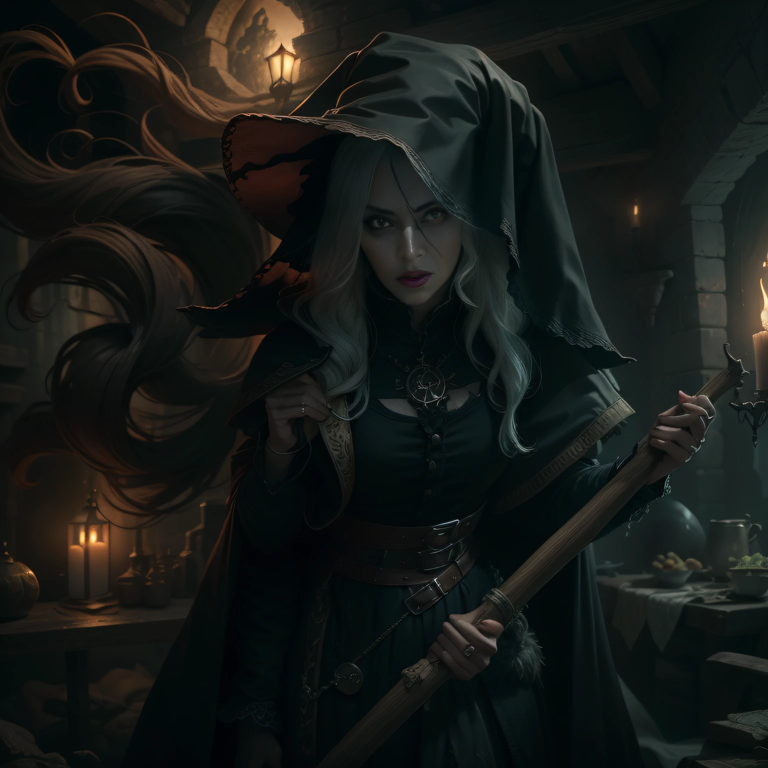 Ferocious witch, poison, one-eyed, medieval, denoised, matte painting, high detail, dynamic lighting, cinematic, high contrast