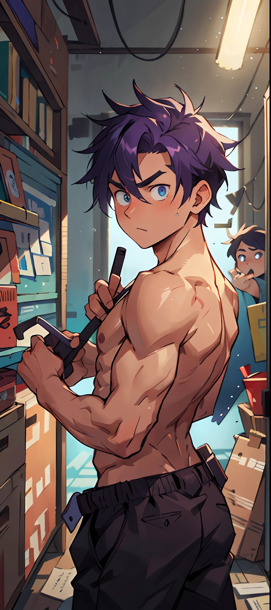（tmasterpiece，Best quality at best，absurd res），1人，Naked boys，is shy，Be red in the face，Shy，musculous，Detailed eyes，nakeness，(nakeness)，eBlue eyes，Bare topless，Upper body body，short blue-purple hair，Cocked buttocks，Butt exposed，exposed ass，（fluorescent light），（a color），（（abstract backgrounds））