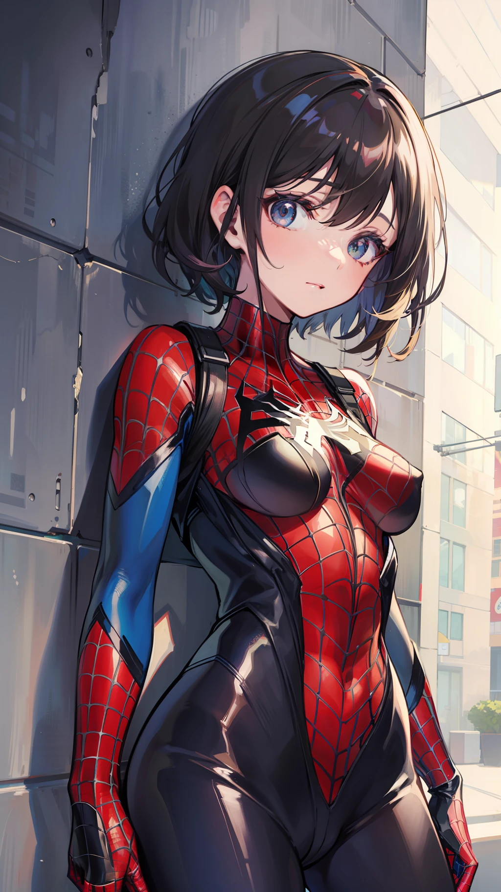 Female Spider-Man,Adsorbed on the wall,looking at viewert