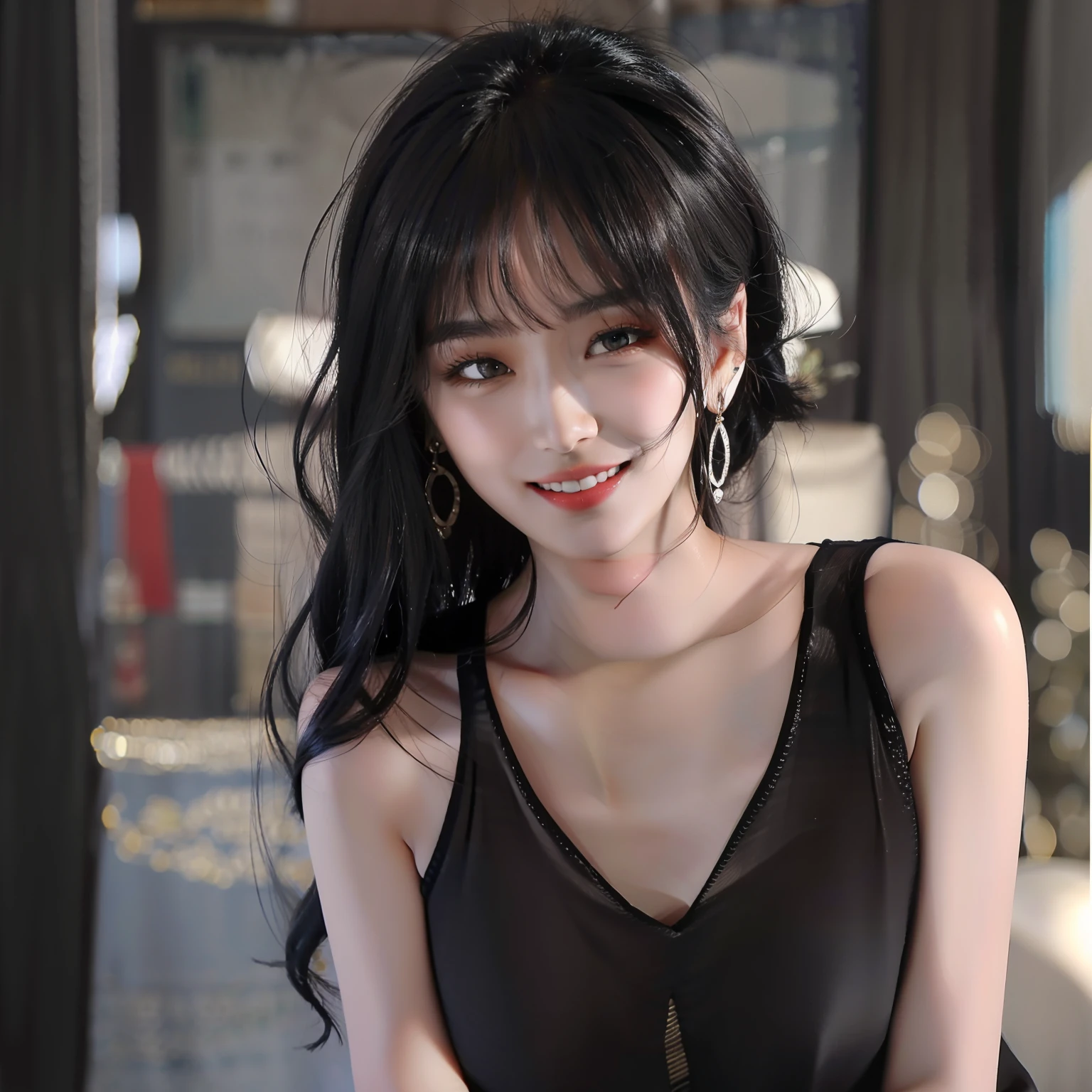 Black hair, Empty eyes, earrings, Smile, viewfinder, depth of fields, nffsw, high details