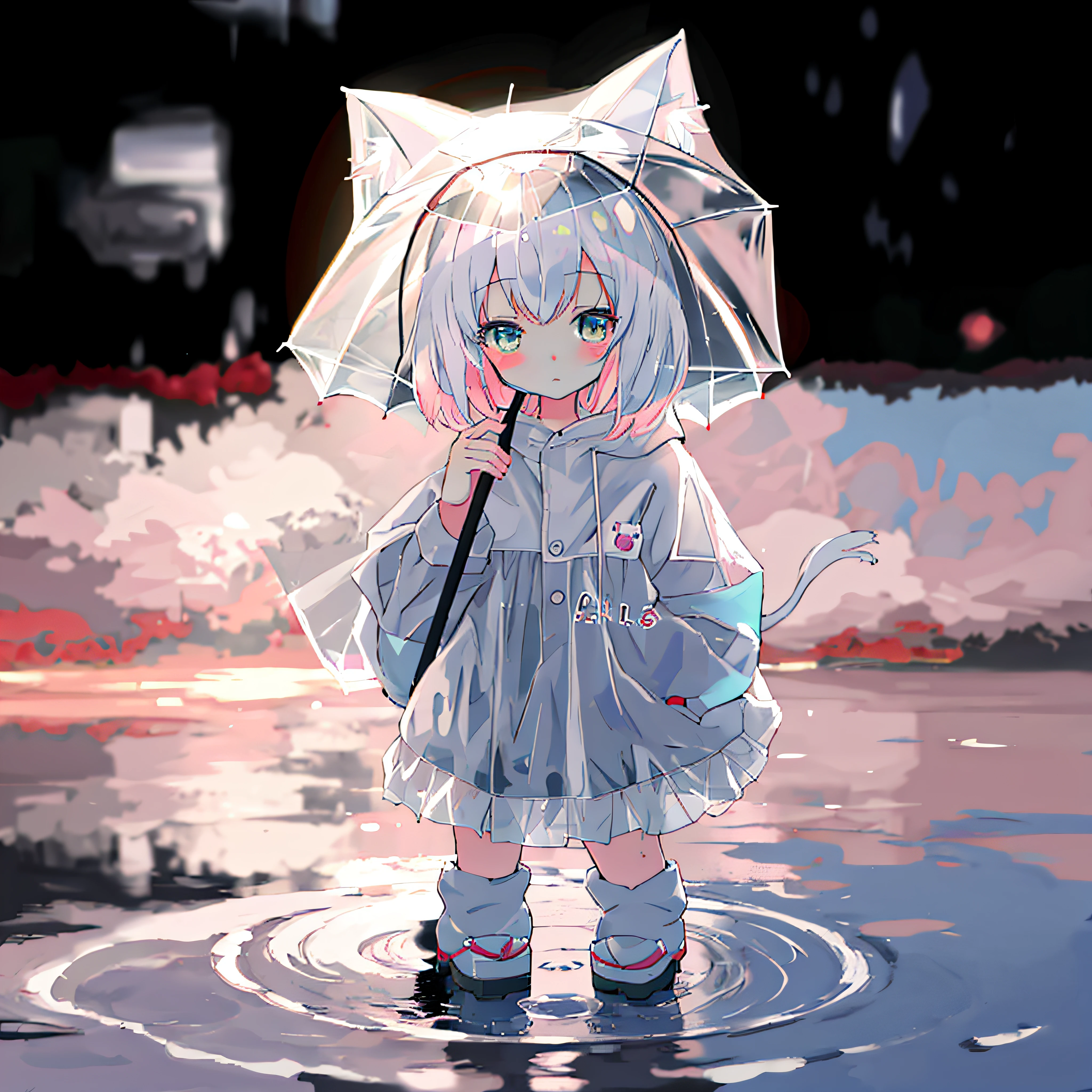 Anime girl standing in a puddle，Wearing a raincoat and holding an umbrella, cute anime catgirl, lovely art style, Cute!! tchibi!!! Cat woman, Guviz-style artwork, Cute detailed digital art, White Cat Girl, Cute anime, advanced digital chibi art, adorable digital art, beautiful anime catgirl, Cute anime style, cute artwork, Guviz