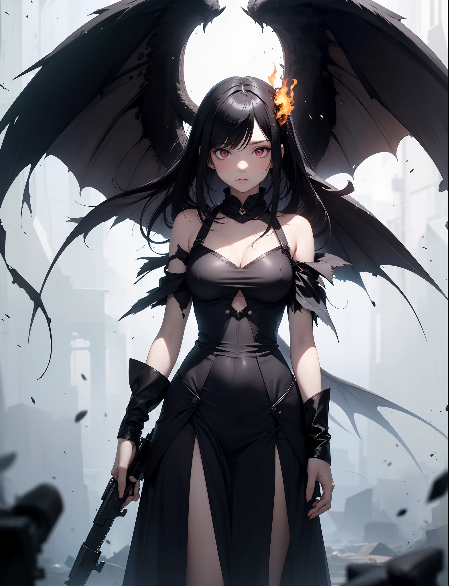 A beautiful girl character with Hedorah's characteristics. Her hair is black and sticky, And her eyes glow red. Her clothes are made of sludge.、Partially melted. She has wings on her back、I have a gun in my hand that fires sulfuric acid mist. Her expression is cold and arrogant