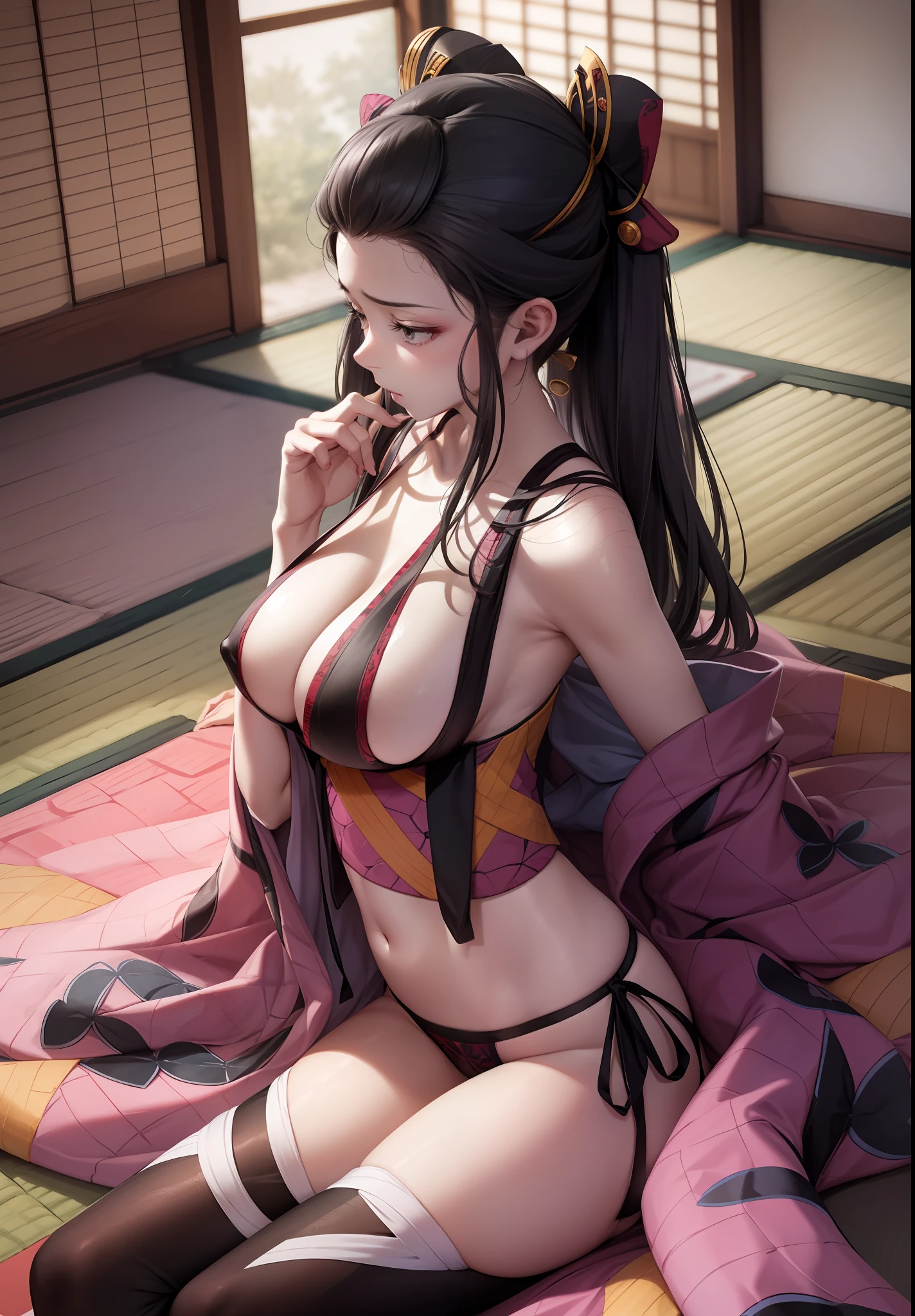 Huge breasts,(Open legs wide:1.2),Beautifully shaped breasts,cleavage,(Kimono),(Black panty),Daki hairstyle,(Nipple:1.1),(Showing panties),(slender:1.2),Skinny Legs,1boy,POV,(from side:1.2),breasts focus,girlfriend,Ruins,Tatami mats,Indoor,(Shoulders out),Disheveled clothes,feeling of disgust,despise,Northern Hemisphere,confinement,(slim hip:1.2),