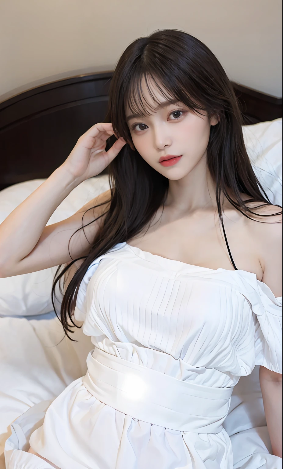 randome pose, mix4,(8K, RAW photo, Best quality, Masterpiece:1.2), (Realistic, photo-realistic:1.37),1girll,Cute,Home girl，Just woke up，onbed，The quilt is under the belly，Snow-white shoulders and small chest are exposed，My eyes were hazy and I didn't wake up