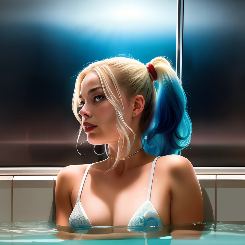 Harley Quinn (Margot Robbie) realistic face. Open legs bathing in the shower. exquisite detail, 30-megapixel, 4k, 85-mm-lens, sharp-focus, intricately-detailed, long exposure time, f/8, ISO 100, shutter-speed 1/125, diffuse-back-lighting, award-winning photograph, facing-camera, looking-into-camera, monovisions, elle, small-catchlight, low-contrast, High-sharpness, symmetry, depth-of-field, golden-hour, ultra-detailed photography, shiny metal surface with intricate swirling mother of pearl inlays, raytraced, global illumination