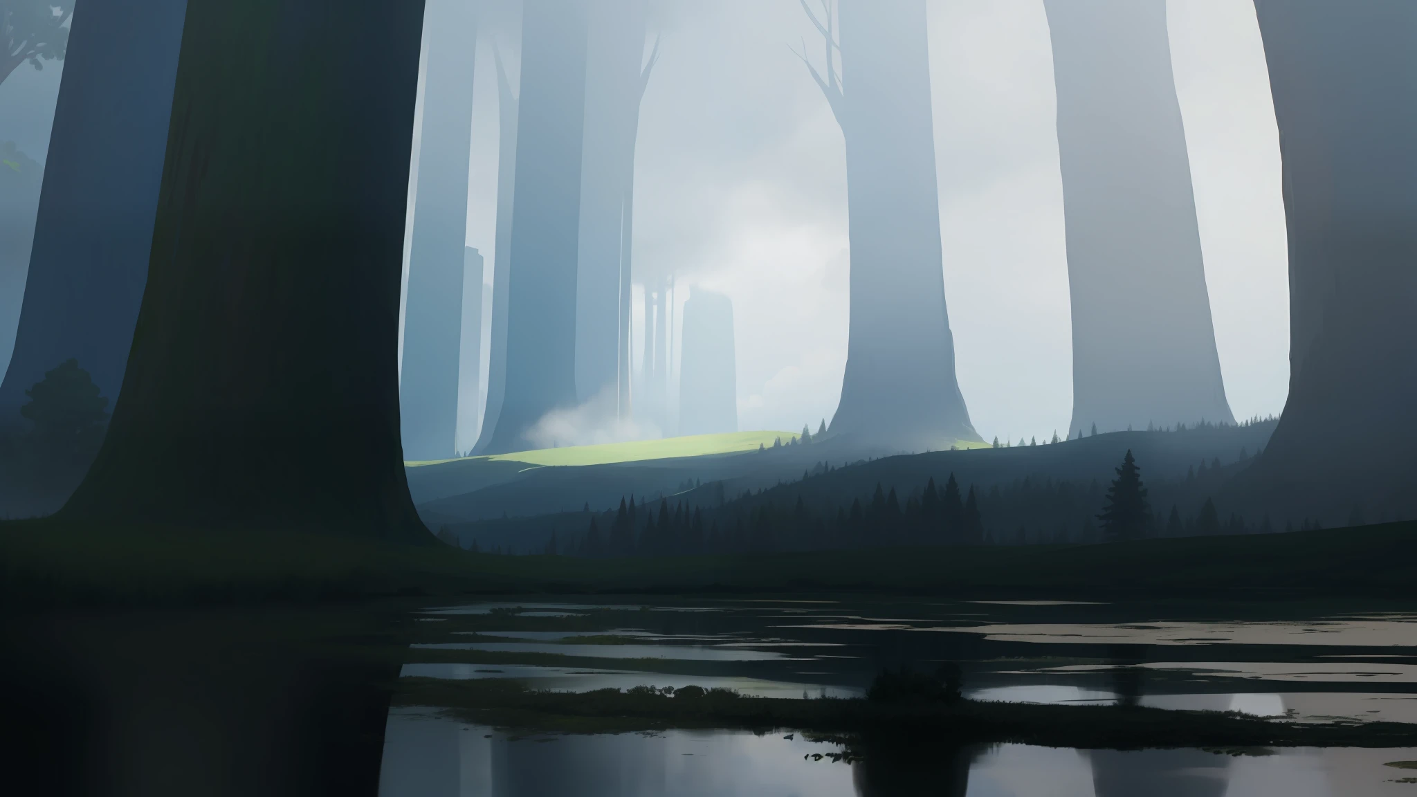 hidden forest, like a portal in the middle, big and tall trees, water, daytime, green grass, thick clouds,