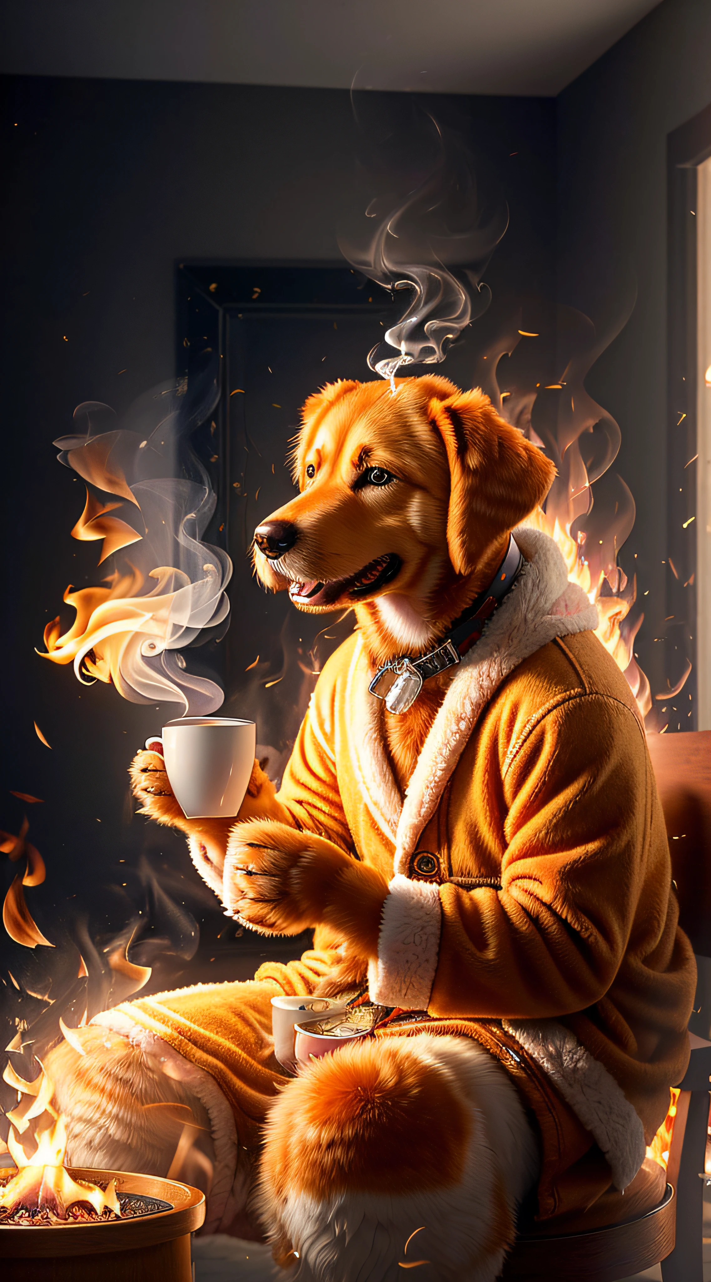 a close up looking middle (best quality:1.23), (masterpiece:1.12), (realistic:1.24), (anthropomorphic  dog:1.5) holding a coffee cup, sitting, in a robe, eating breakfast and holding a coffee cup, hat, particles, volumetric lighting,  room burn down, ground and chair on fire, lots of gadgets and equipment on fire,  smoke, (flames all around:1.2),