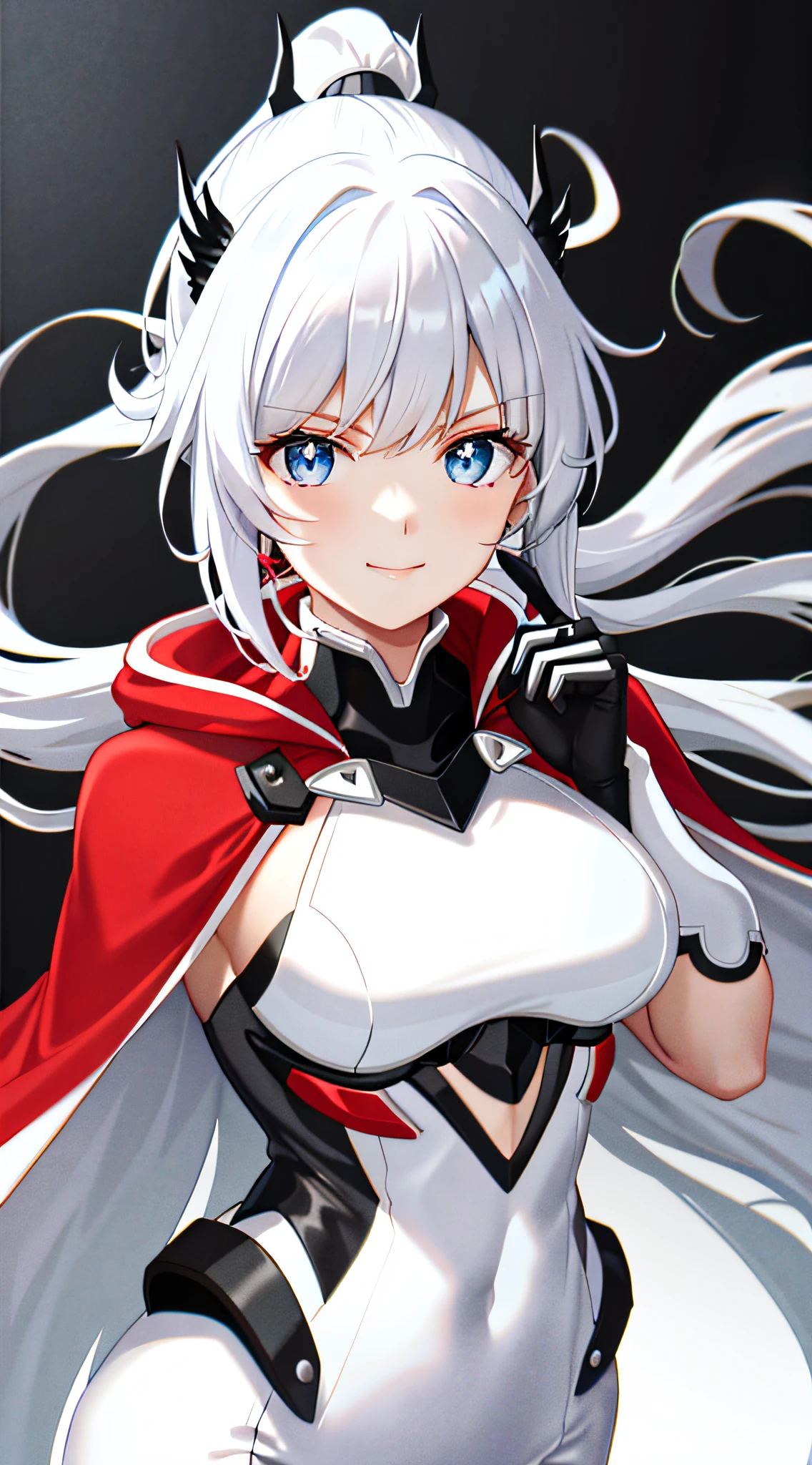 White color hair，High ponytail，tightsuit，Red cape，blue color eyes，ssmile，black hair ornament，black glove