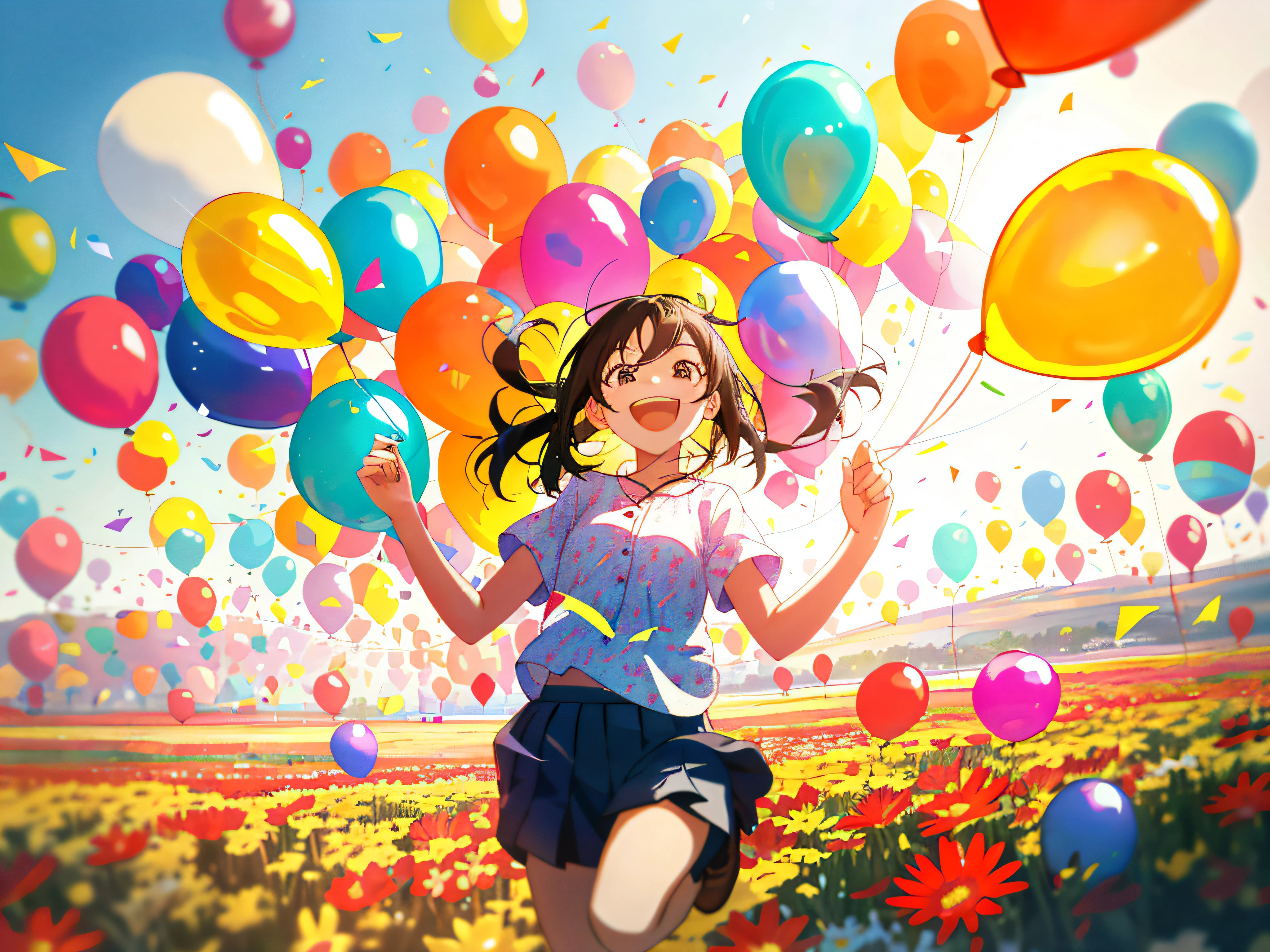 "In a balloon field，A happy young girl running happily，She jumped，Emotions of joy and happiness are expressed in the flower fields。Balloons floated around her，It creates a warm and joyful atmosphere。The atmosphere of happy birthday pervades，She enjoyed playing，The shutter click records this excitement and pure joy。"