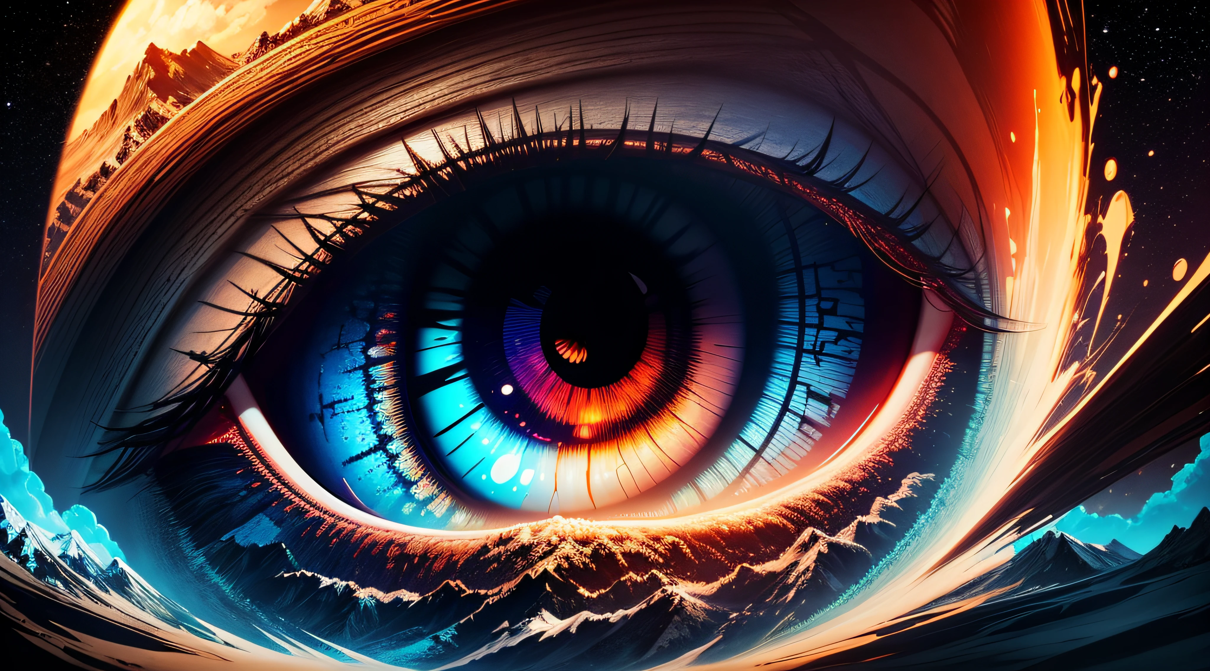 dreamlikeart, [light, paint, jwst, spiral galaxy, incomprehensible cosmic horror: ink, shadow, :0.25], big man, eye, pupil, two-sided, mountain horizon, sun, [glitch | databending] --auto
