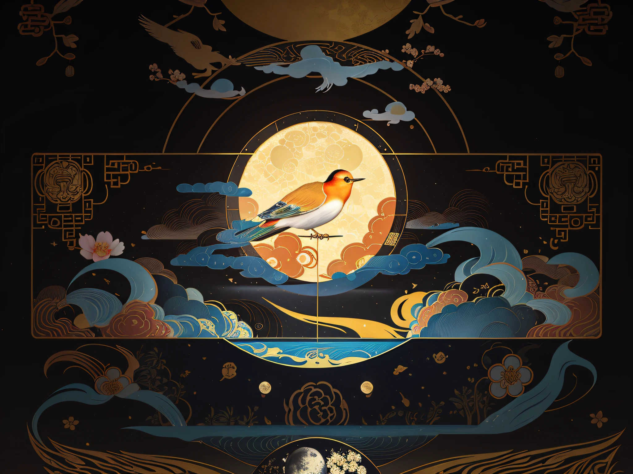 A bird appears on the moon,Moonlight fisheye illustration,Inspired by Luo Mu's beautiful artistic illustrations,Chinese style painting style,Official artwork inspired by Robin,Detailed artistic depictions by Onmyoji,Lin Yue's G willow painting style,Create an artistic cover for poster background。